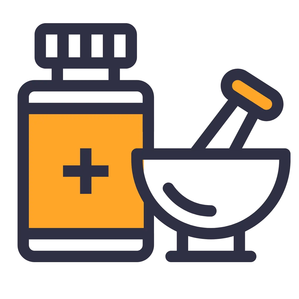 Icon depicting a prescription bottle with a cross symbol and a mortar and pestle used in pharmacy. The Narrative Group.