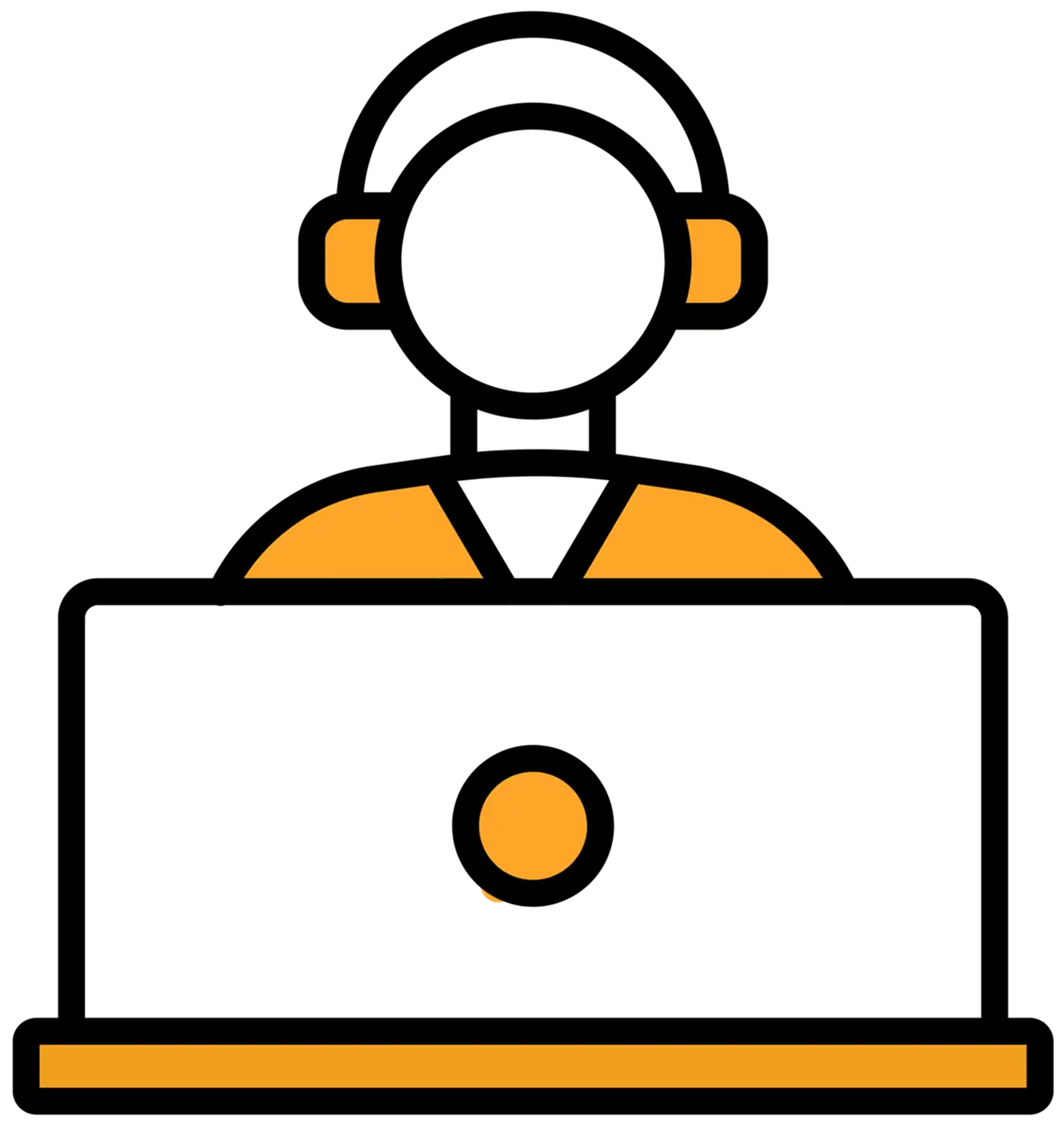 Graphic representation of an IT support professional with a computer and headset in orange and black colors. The Narrative Group.