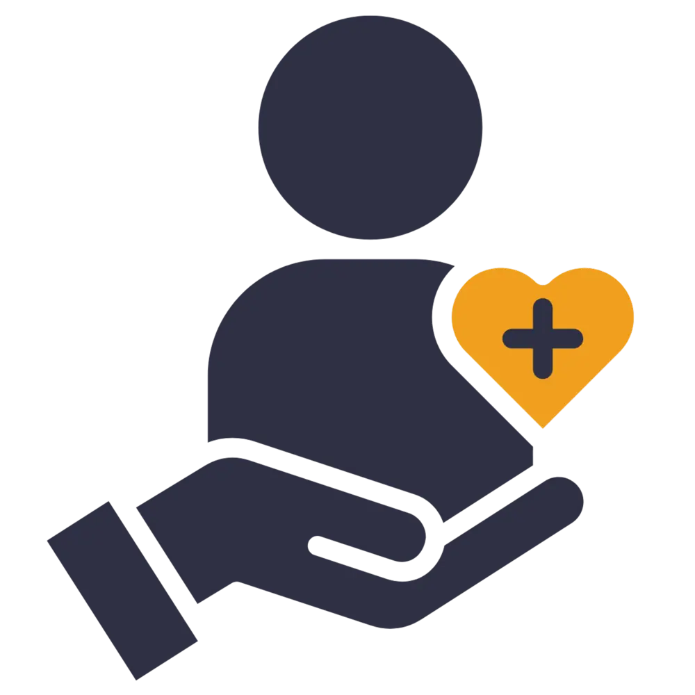 Icon representing healthcare with a figure holding a heart symbol and a plus sign. The Narrative Group.