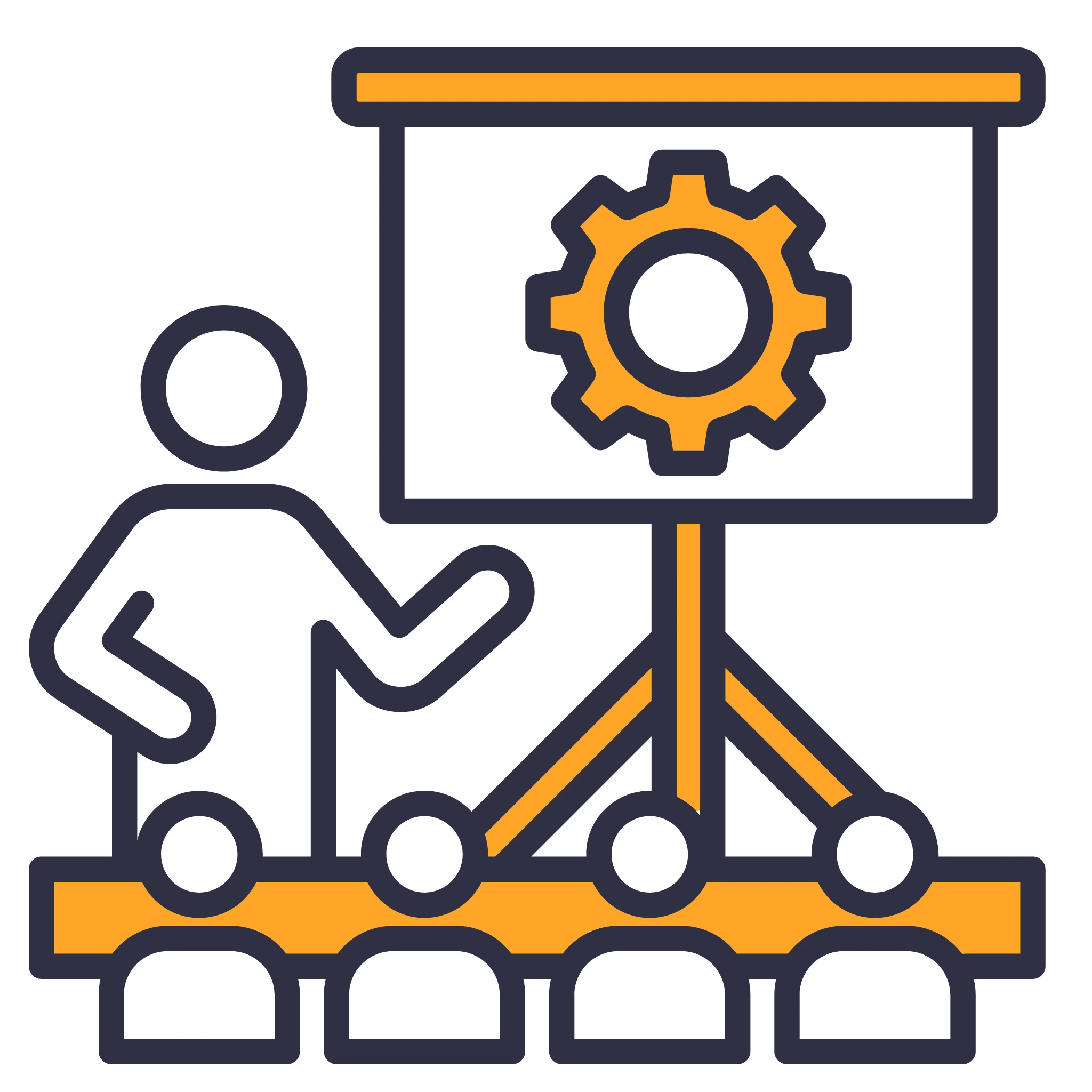 Illustration of a person presenting in front of a screen with a gear icon, symbolizing a business presentation. The Narrative Group.