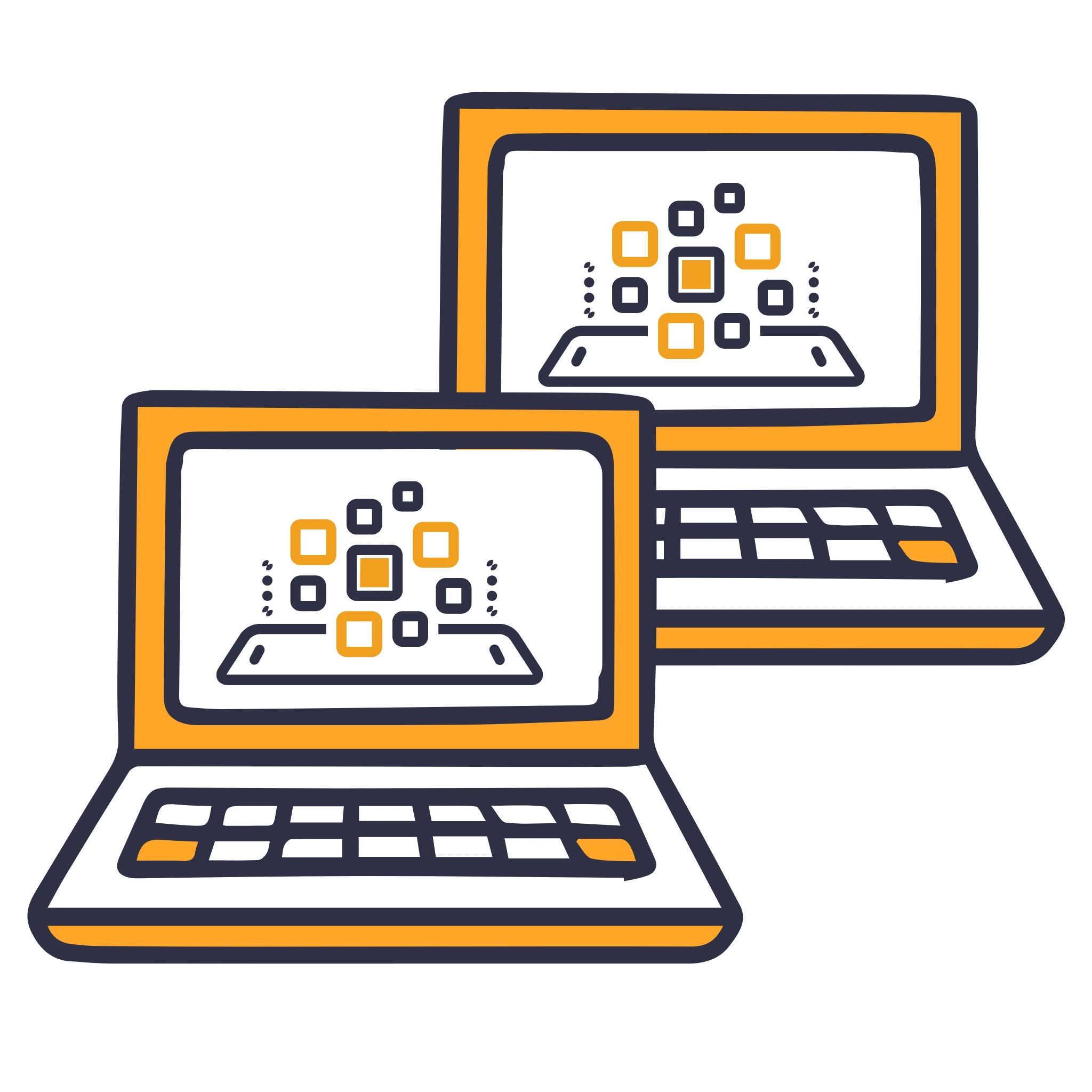 Two graphic laptops displaying an abstract design with squares and rectangles in various colors. The Narrative Group.
