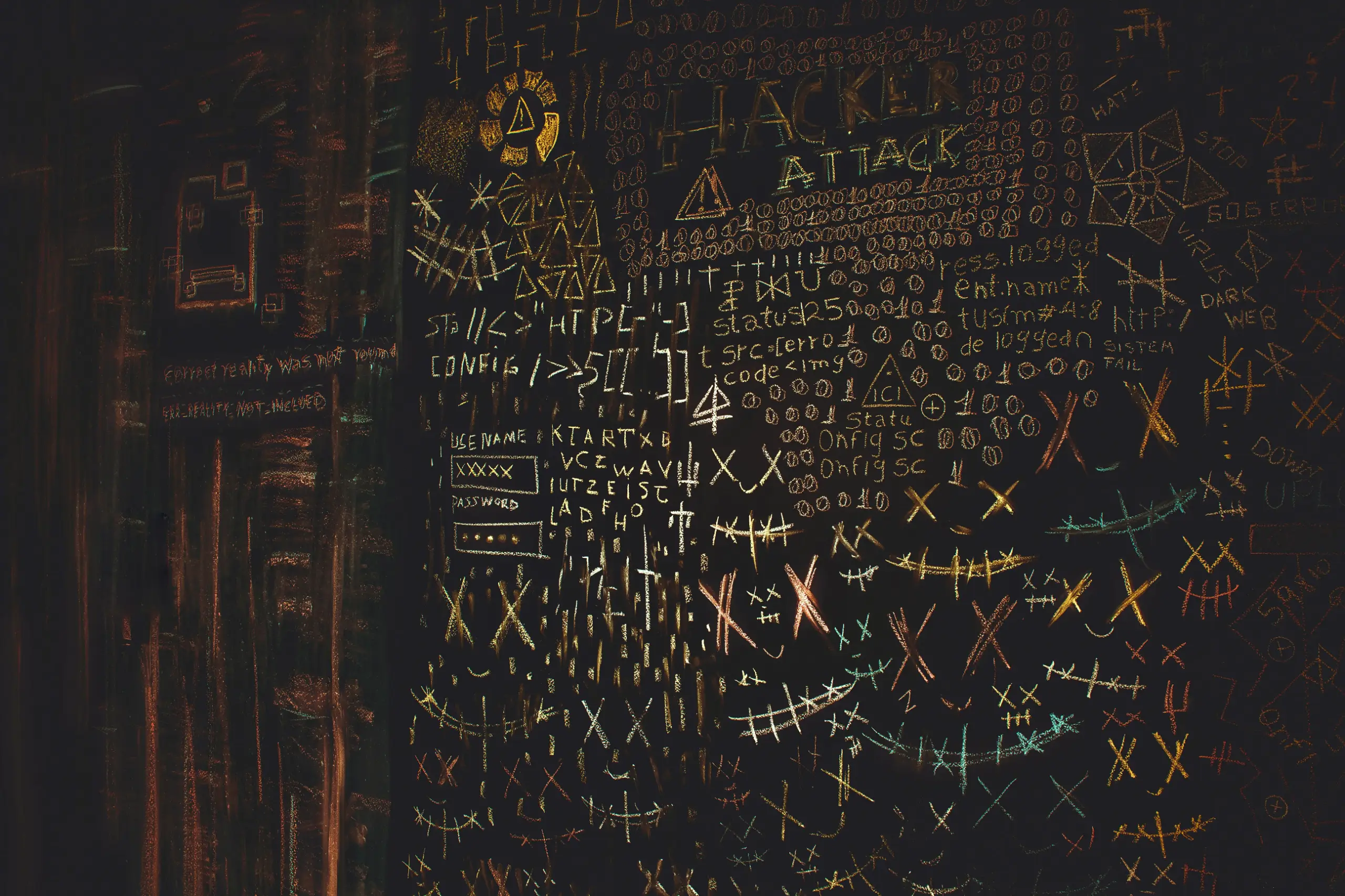 A dark chalkboard filled with colorful chalk drawings: programming code, symbols, and shapes. The words hacked, attack, and various binary-like patterns are scattered among triangles and lines.