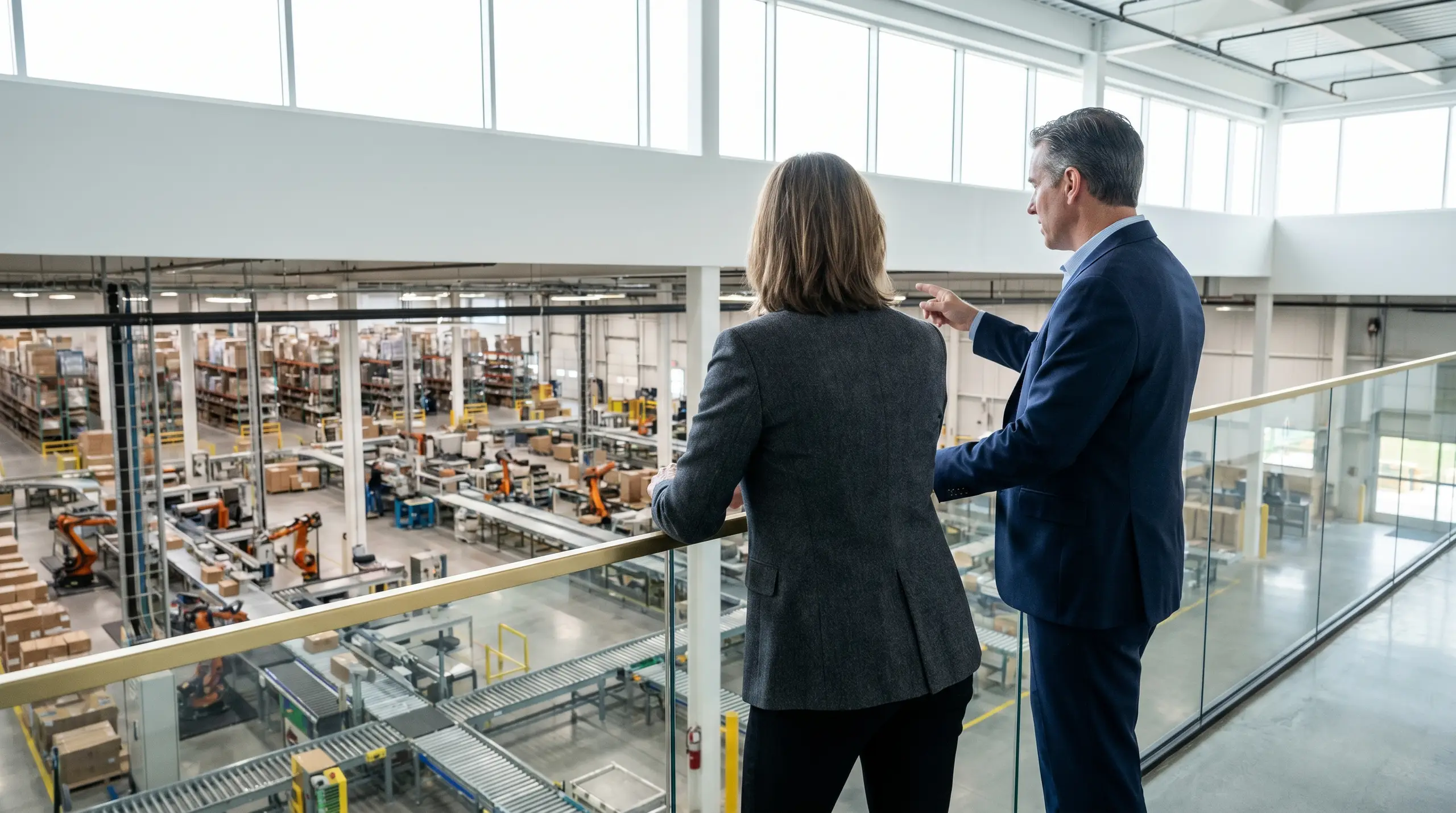 Two business professionals in suits stand behind a glass railing overlooking a large automated warehouse filled with conveyor systems, robotic equipment, and stacks of packaged goods.