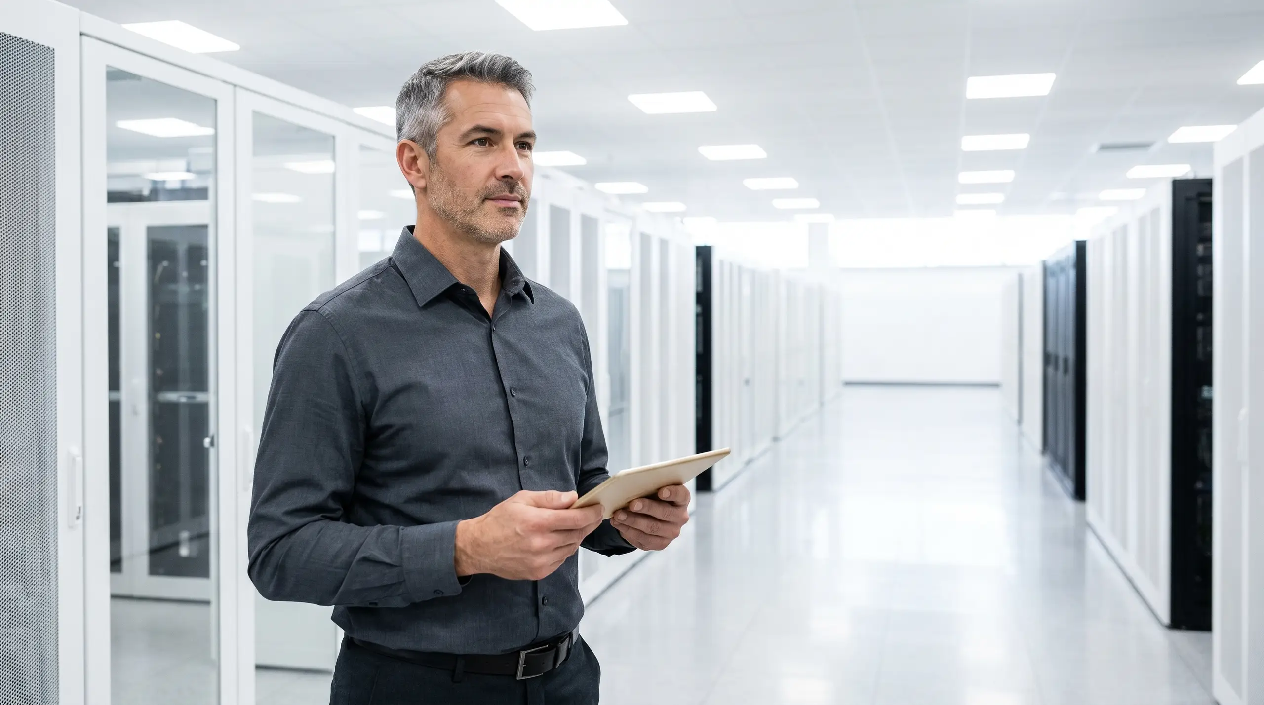 A middle-aged man with gray hair in a dark button-up shirt stands in a bright office/data center hallway, holding a clipboard or tablet and looking to the side. Glass doors and server racks line the corridor under ceiling lights.