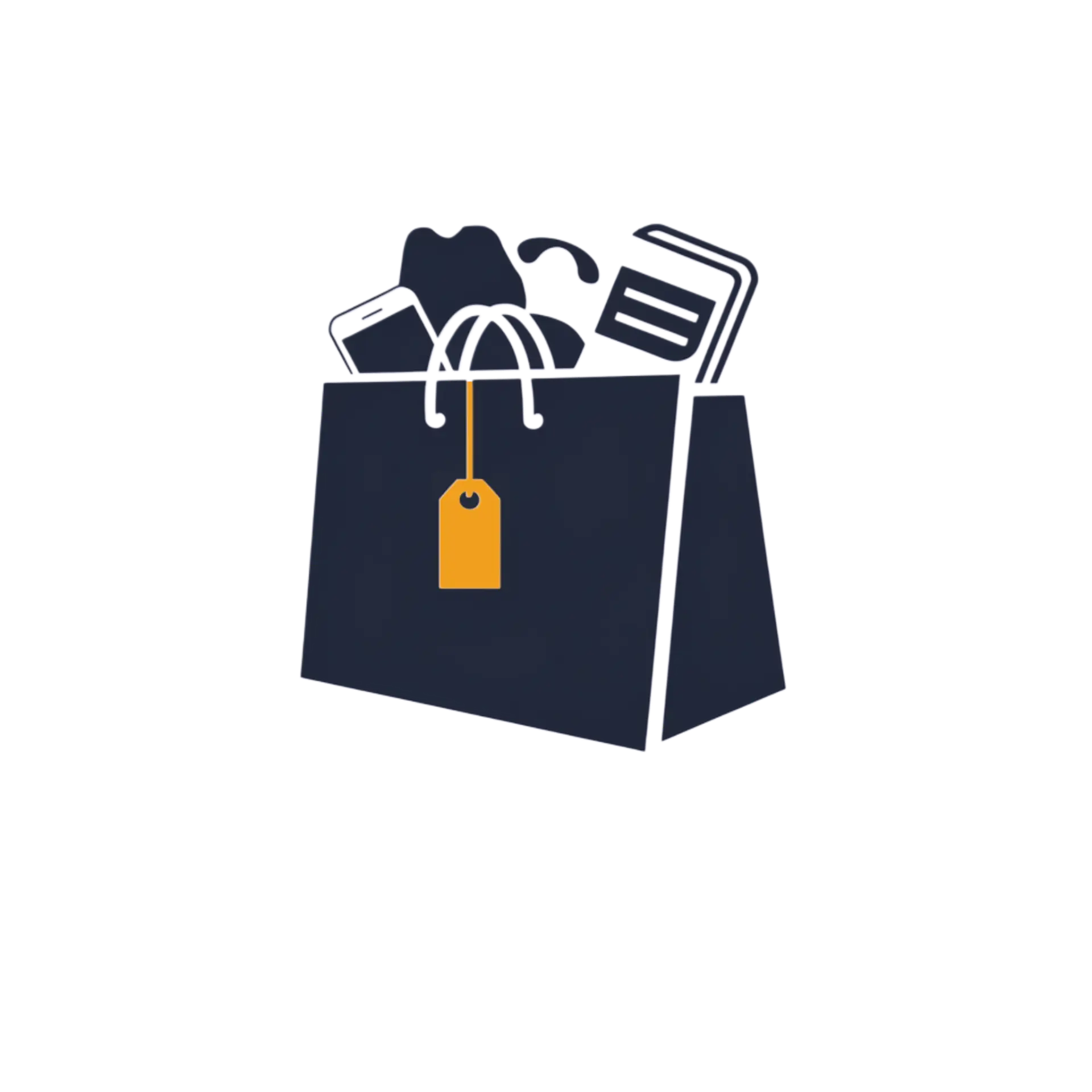 Dark blue shopping bag with white handles, filled with assorted items and a yellow price tag hanging from the bag.