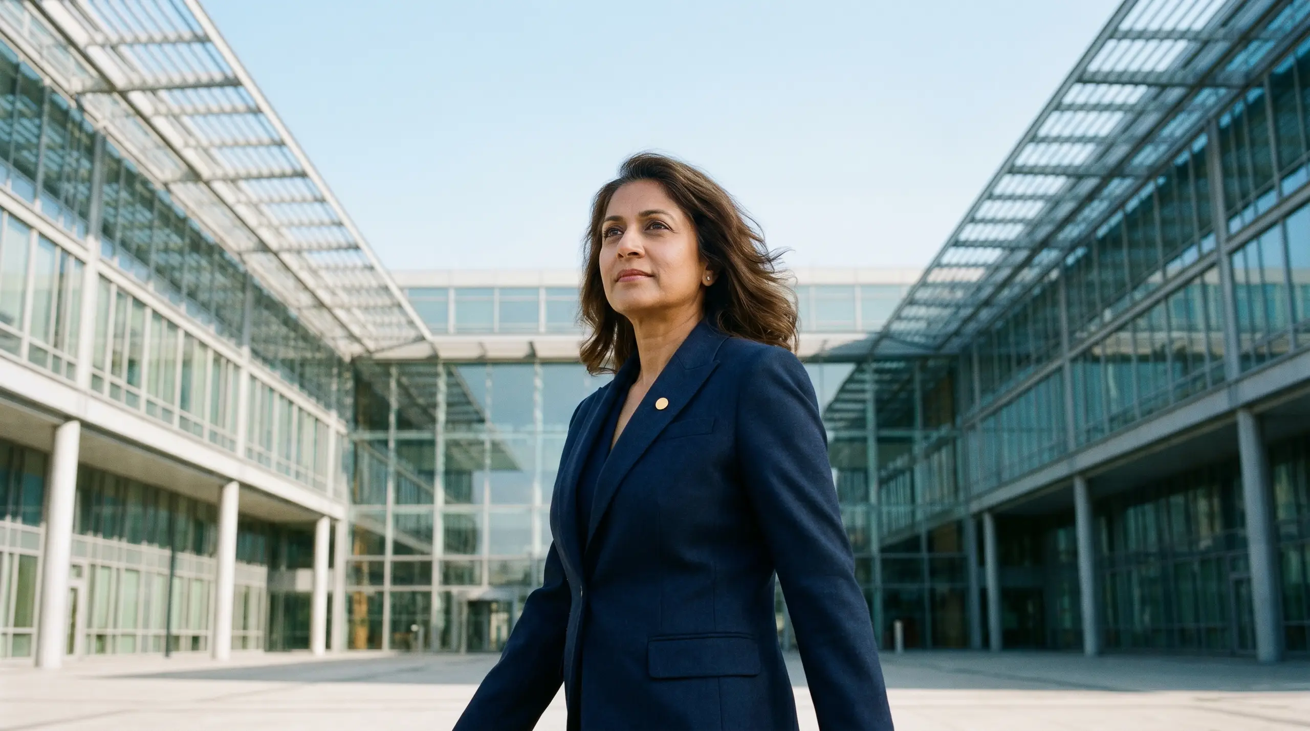 A woman in a dark navy blazer with a gold lapel pin stands confidently in a glass-and-steel office courtyard, looking slightly upward. Tall buildings with slanted rows of windows frame the background under a pale sky.
