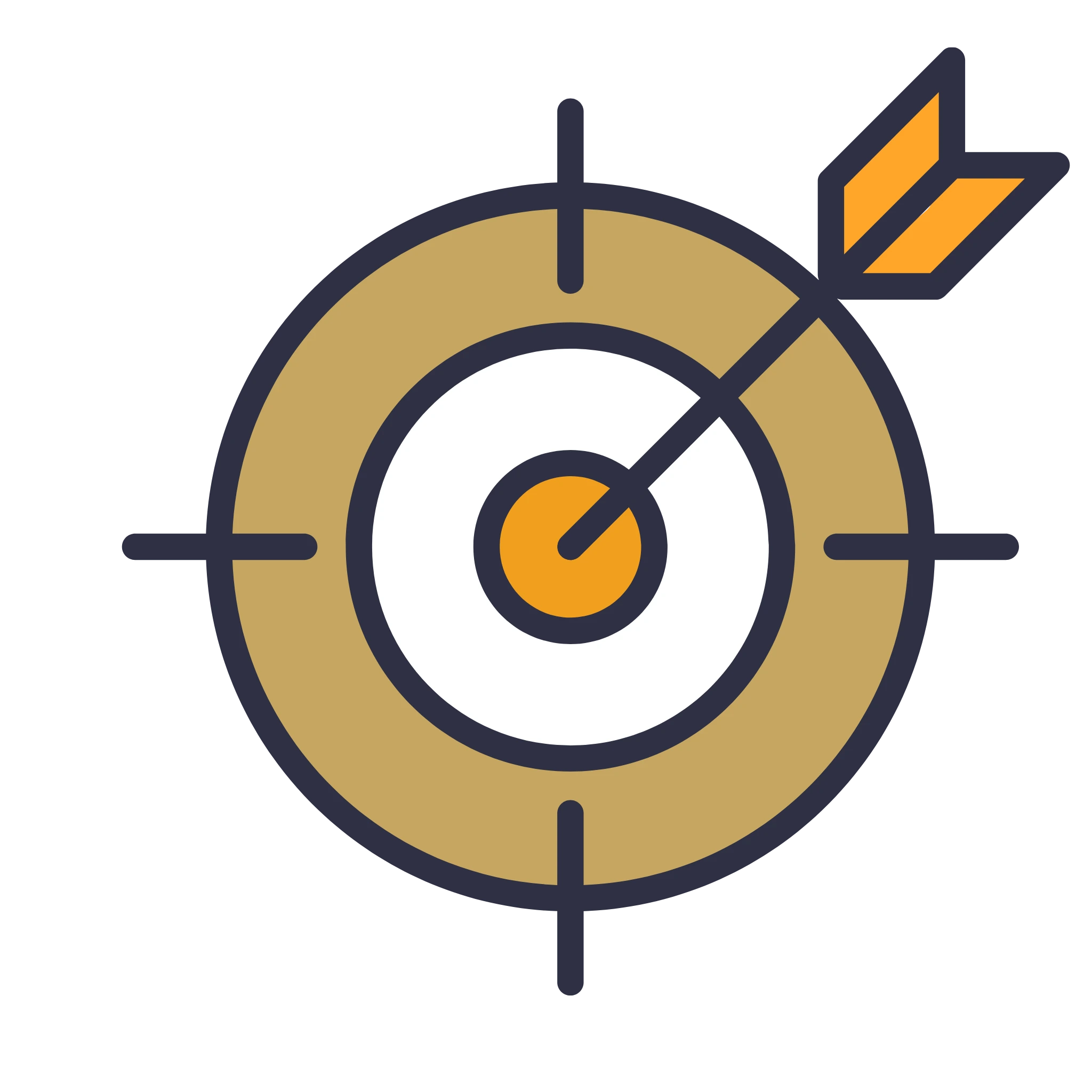 Security target icon with orange center and crosshair, white ring and navy outline on a dark background, minimal graphic design The Narrative Group.