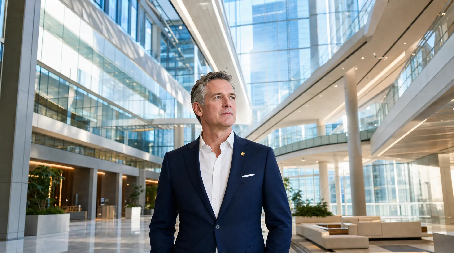 A senior executive stands in a bright corporate atrium, reflecting on ai governance for business leaders.