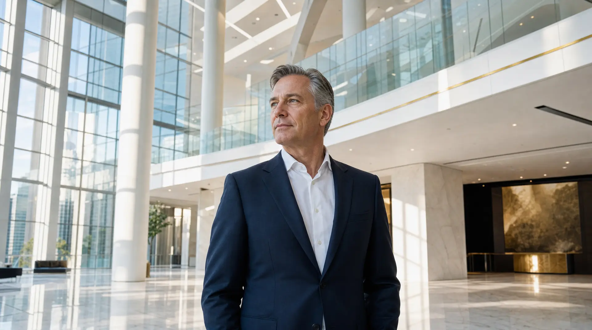 Executive in a navy suit stands in a bright office atrium, looking thoughtfully ahead, reflecting digital adoption trends.