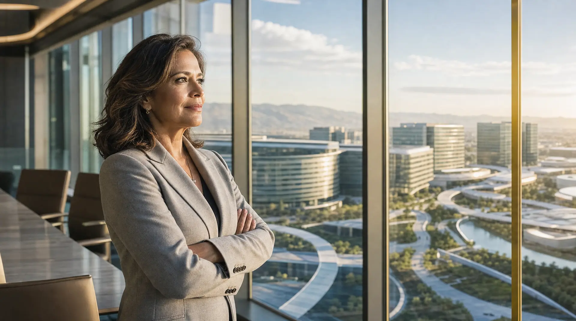 Executive woman with arms crossed by a floor-to-ceiling window, reflecting digital transformation consulting priorities over the city skyline.