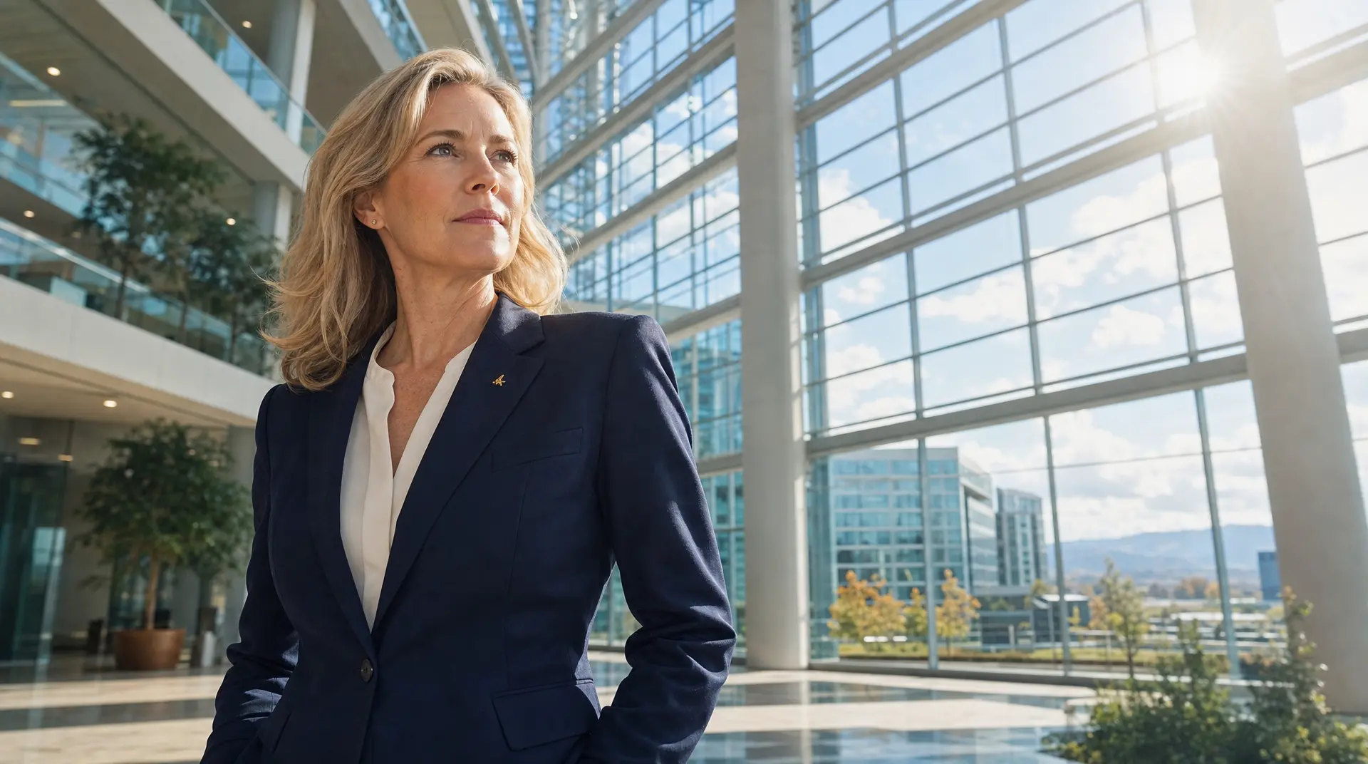 Business executive in a modern atrium, reflecting on digital transformation consulting priorities.