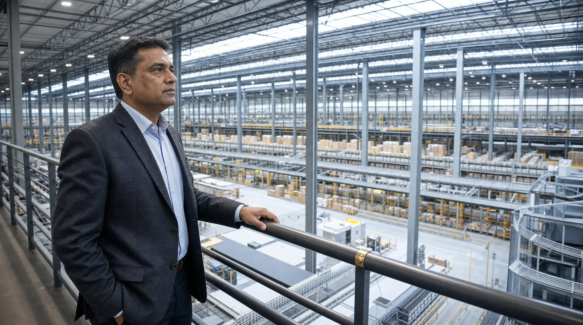 Executive surveys an expansive warehouse floor, reflecting digital transformation consulting services for tech-led modernization.
