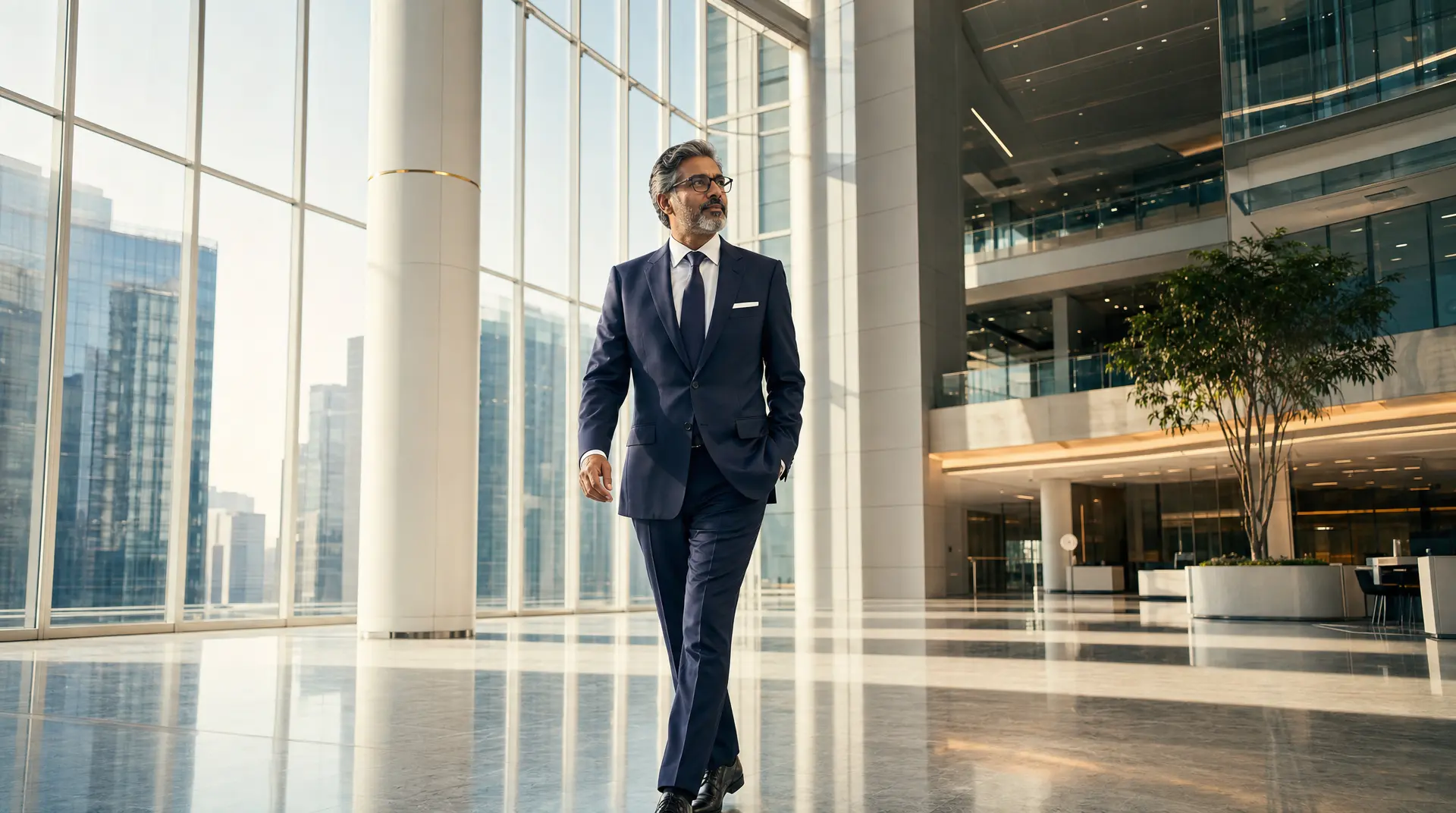 Executive walks through a glass corporate lobby, reflecting an it roadmap mindset focused on modernization outcomes.