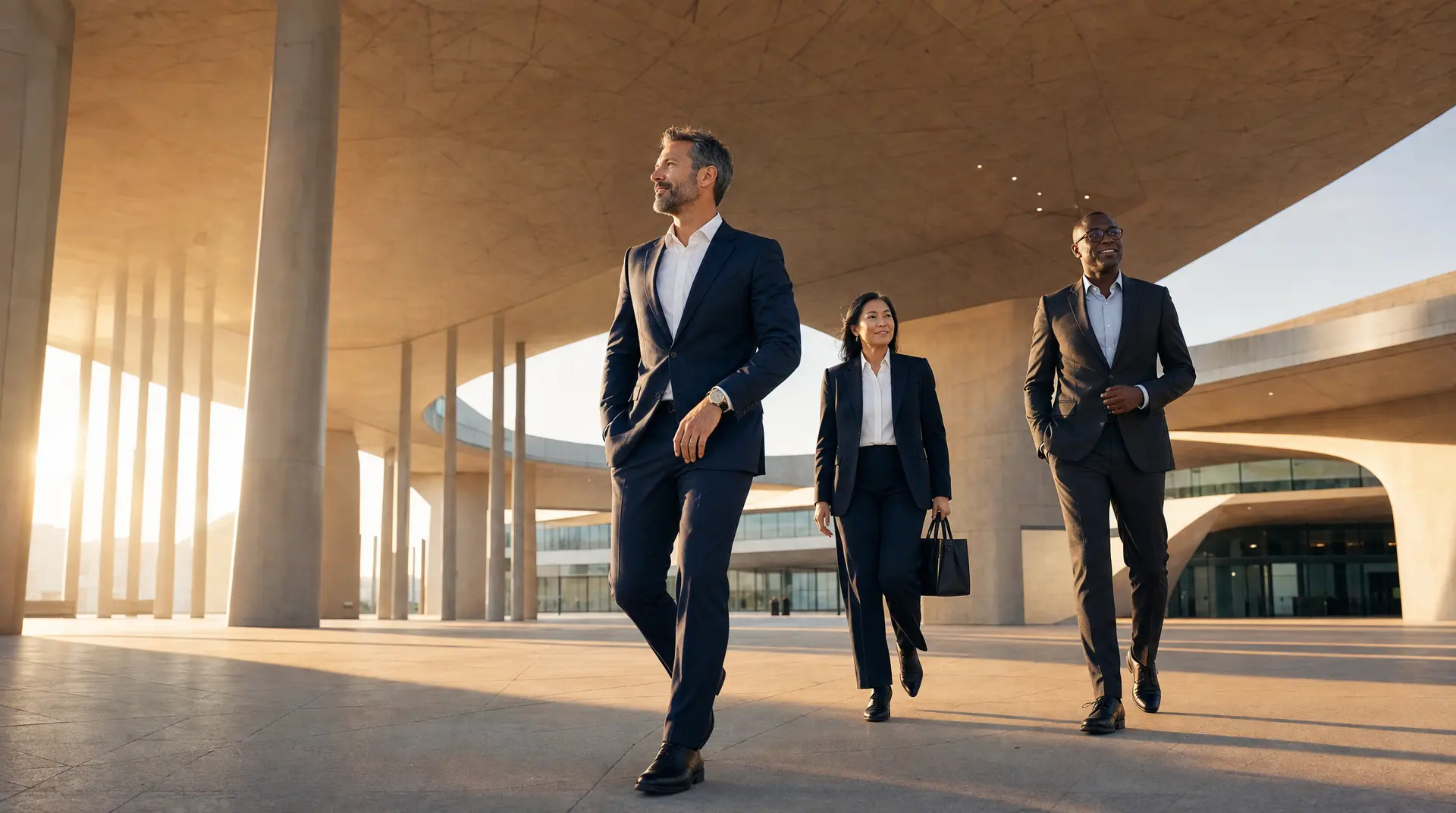Executives walk through a modern atrium, reflecting digital transformation consulting and digital innovation readiness.