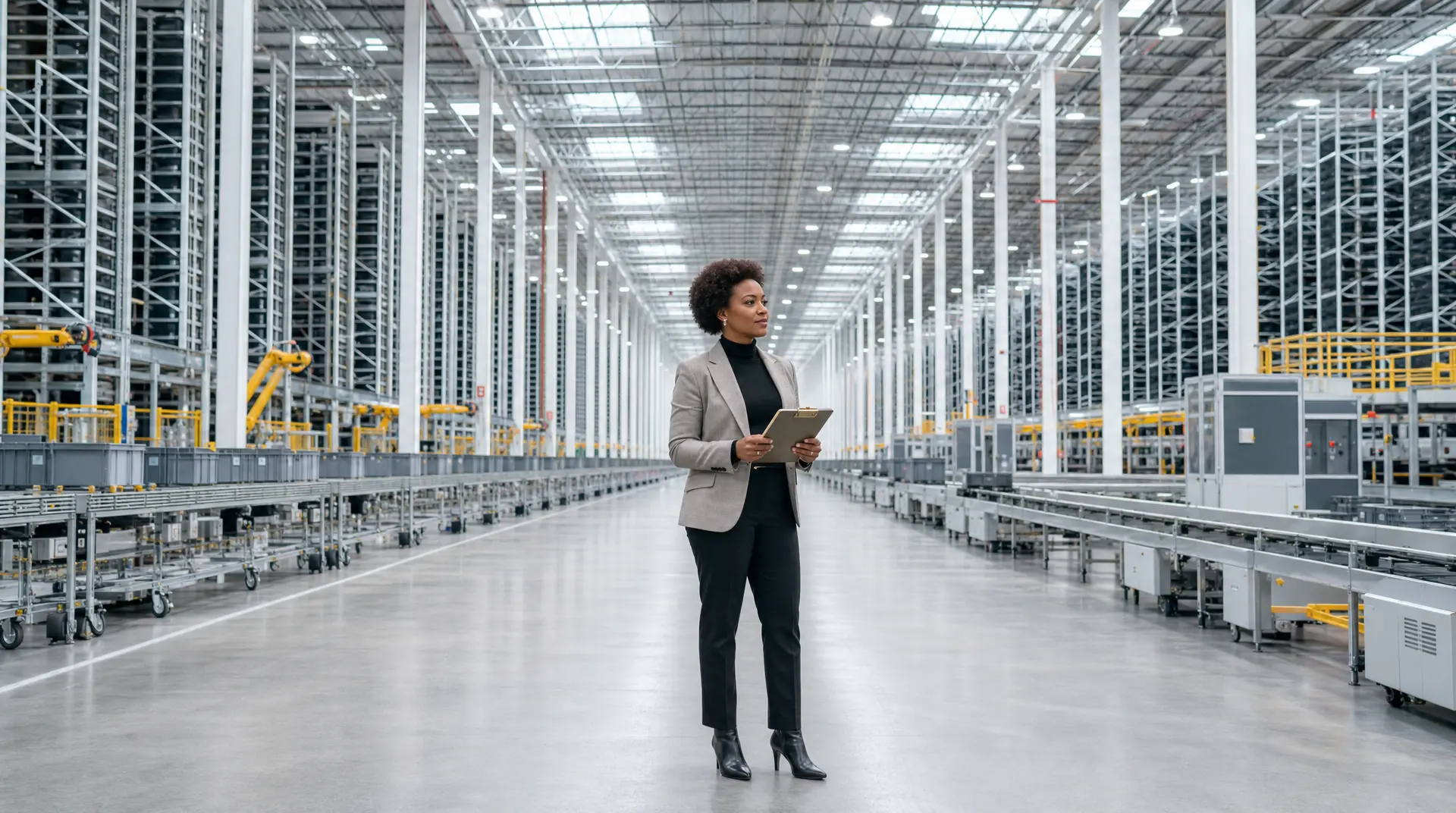 Woman in a business blazer stands in a high-bay warehouse aisle, holding a clipboard while automation systems line both sides, reflecting a technology roadmap.