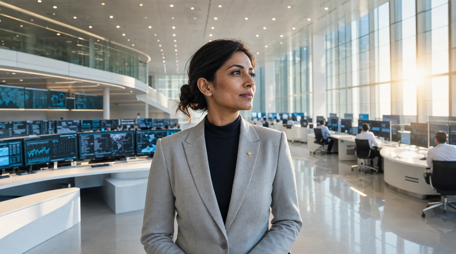 Professional woman in a bright corporate operations center, facing rows of computer monitors and dashboards while considering ai for it operations strategy.