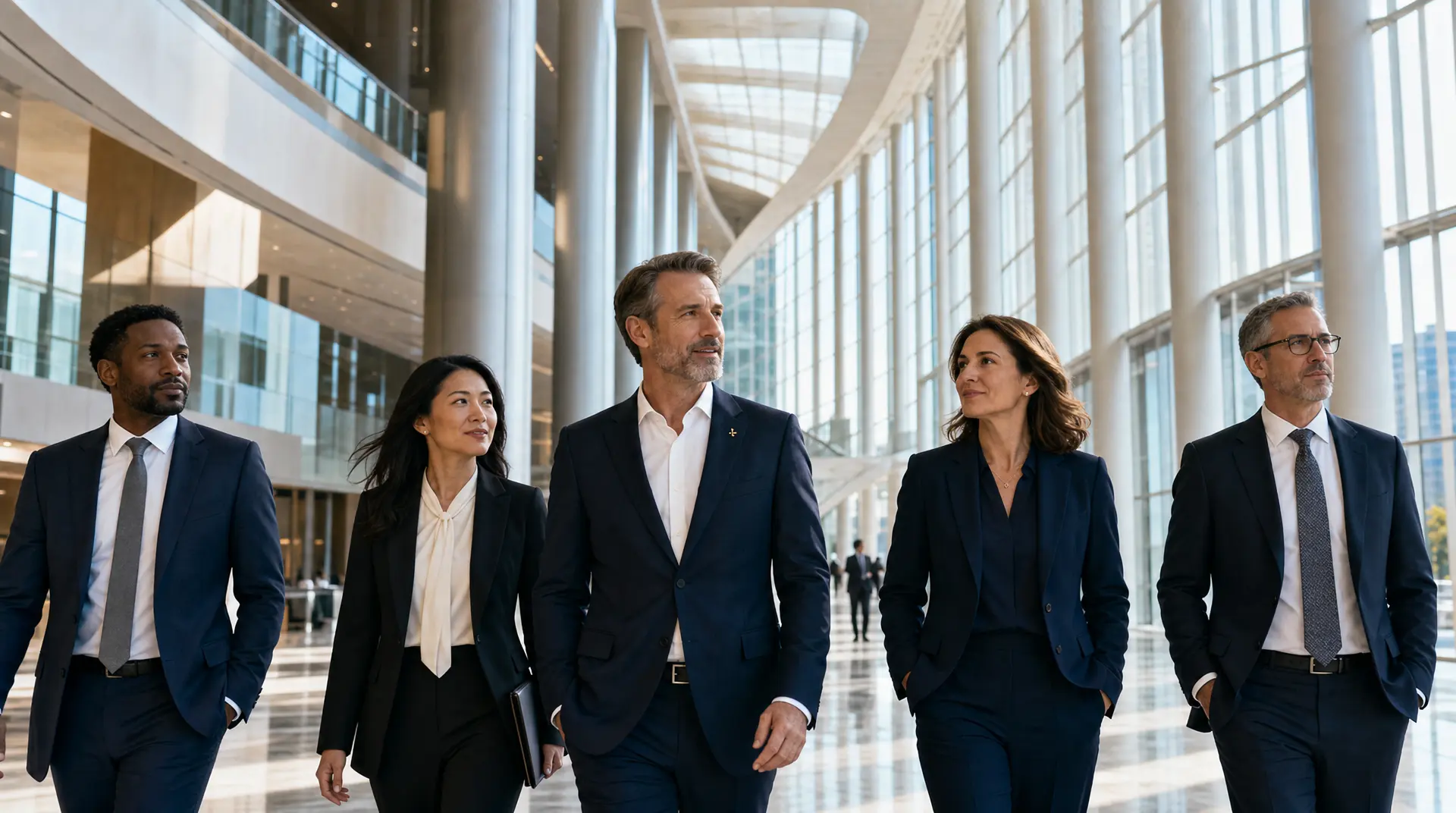 Business team in suits strides through a bright office atrium, aligning on digital transformation consulting goals.