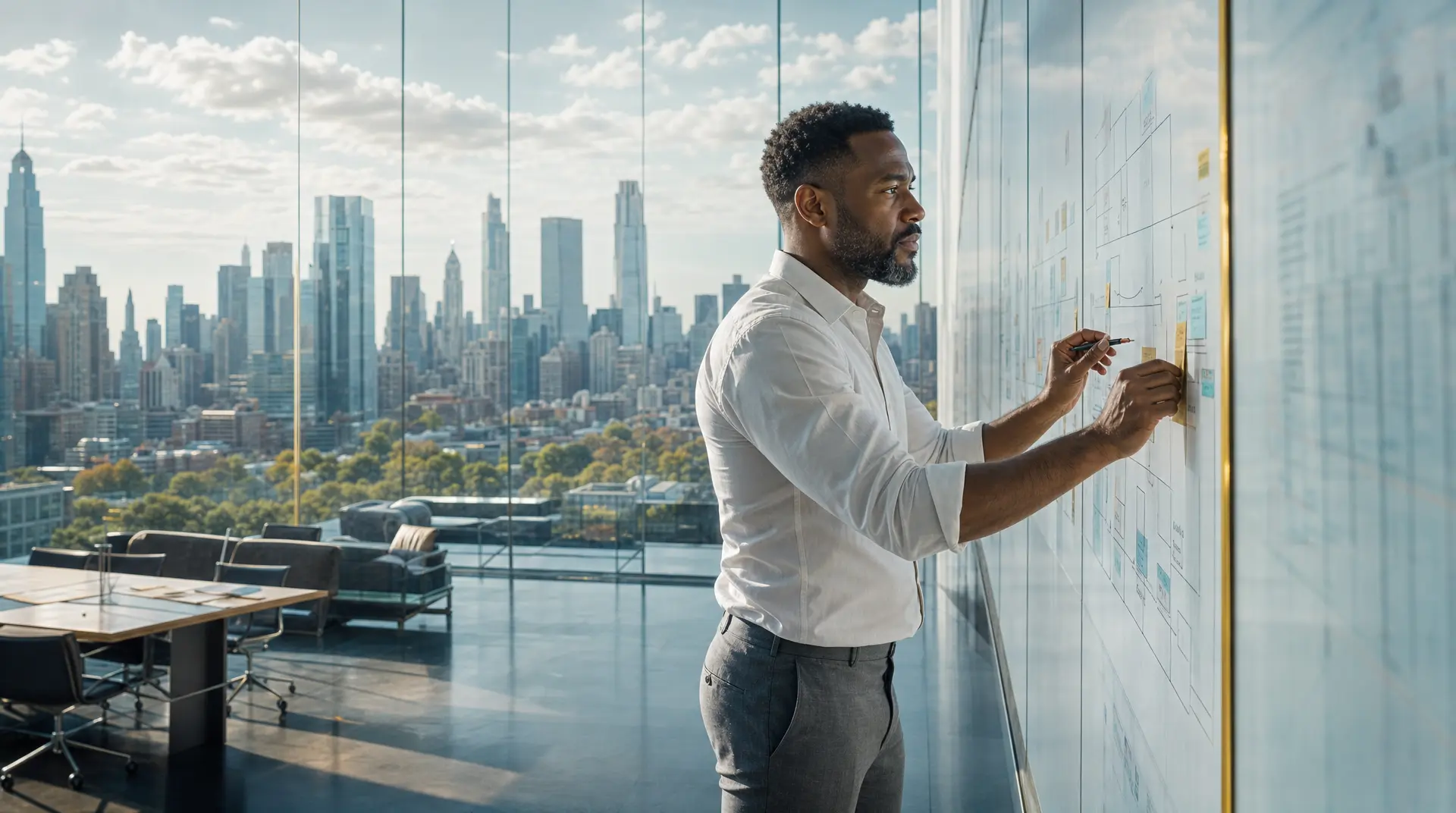 Manager stands beside wall charts in a glass office, reviewing a technology roadmap with the city skyline behind.