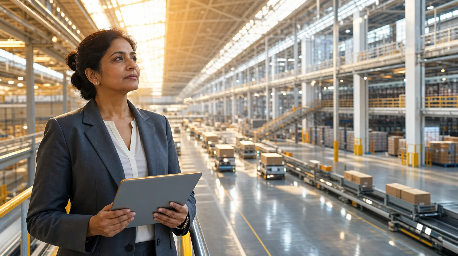Warehouse leader reviews plans on a tablet, aligning with digital transformation consulting in a high-bay logistics facility.