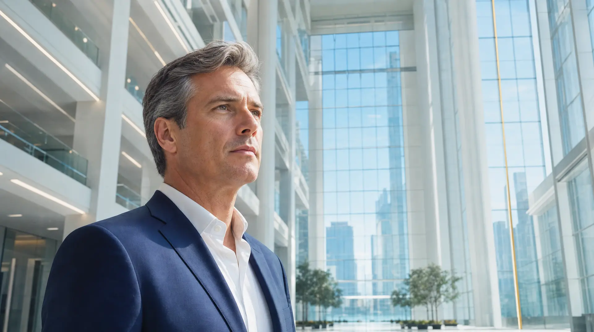 Confident mid-market executive in a glass office lobby, considering digital transformation consulting strategy.