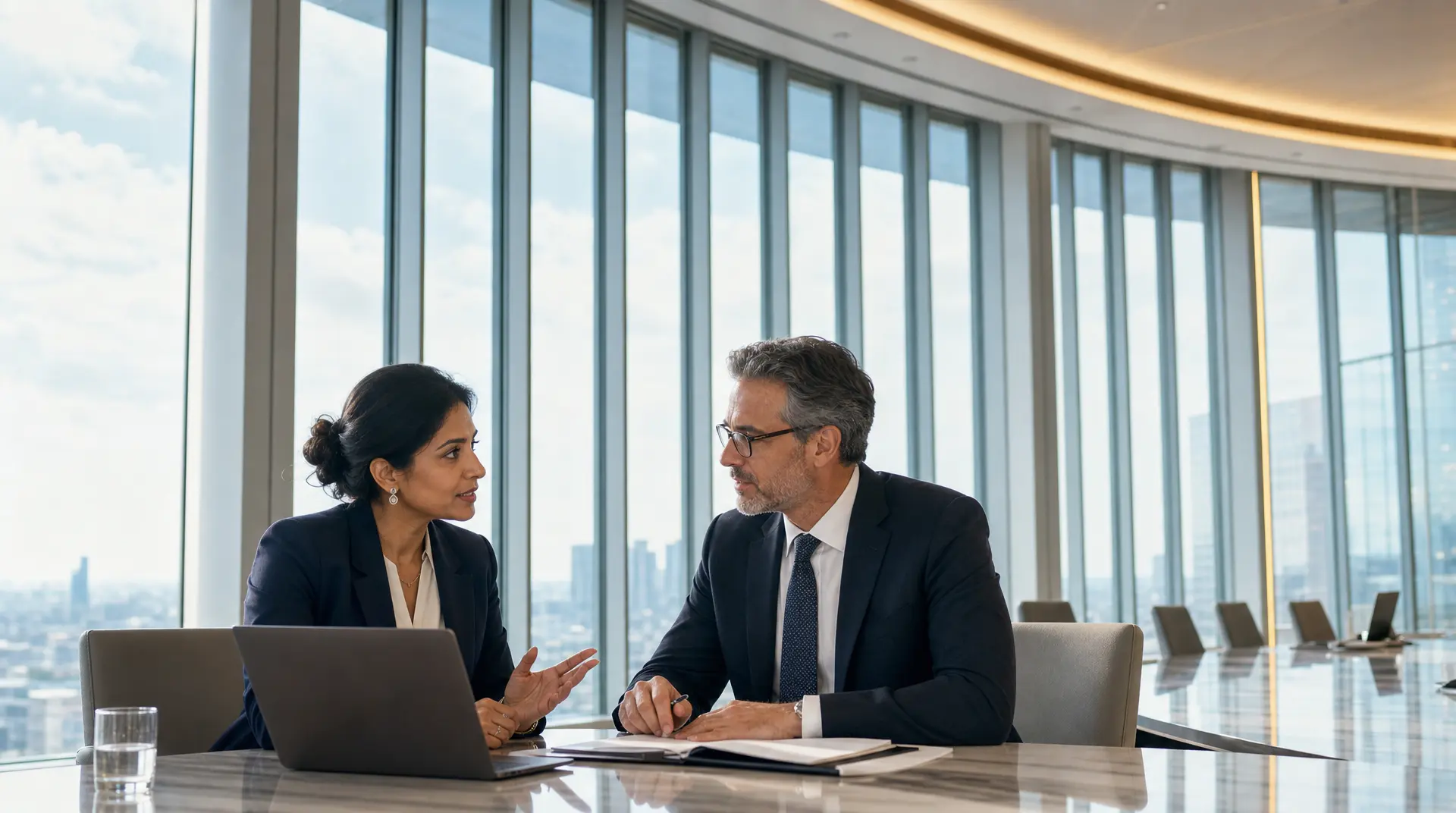 Two executives in business suits review notes on laptops during a strategy meeting, mapping the technology roadmap.