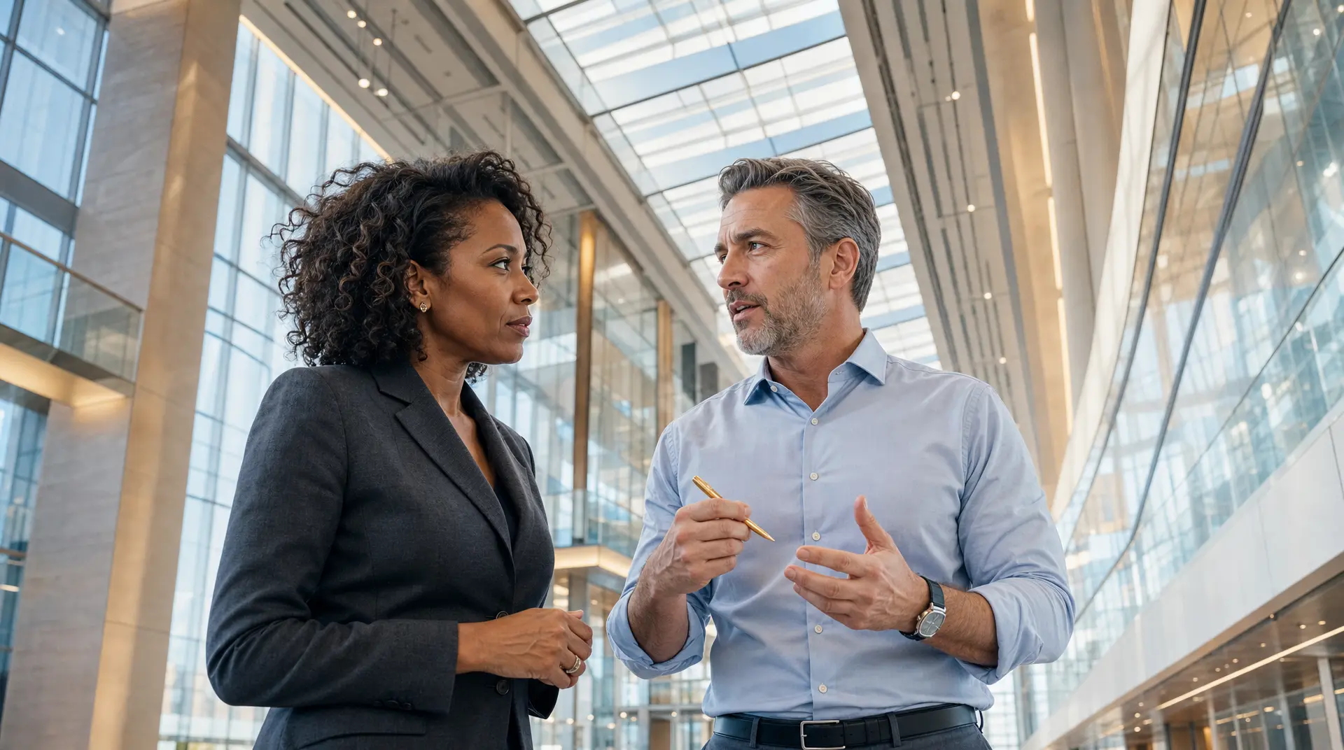 Two professionals discuss digital transformation consulting strategy beside a plan marker in a modern office atrium, aligning an IT roadmap conversation.