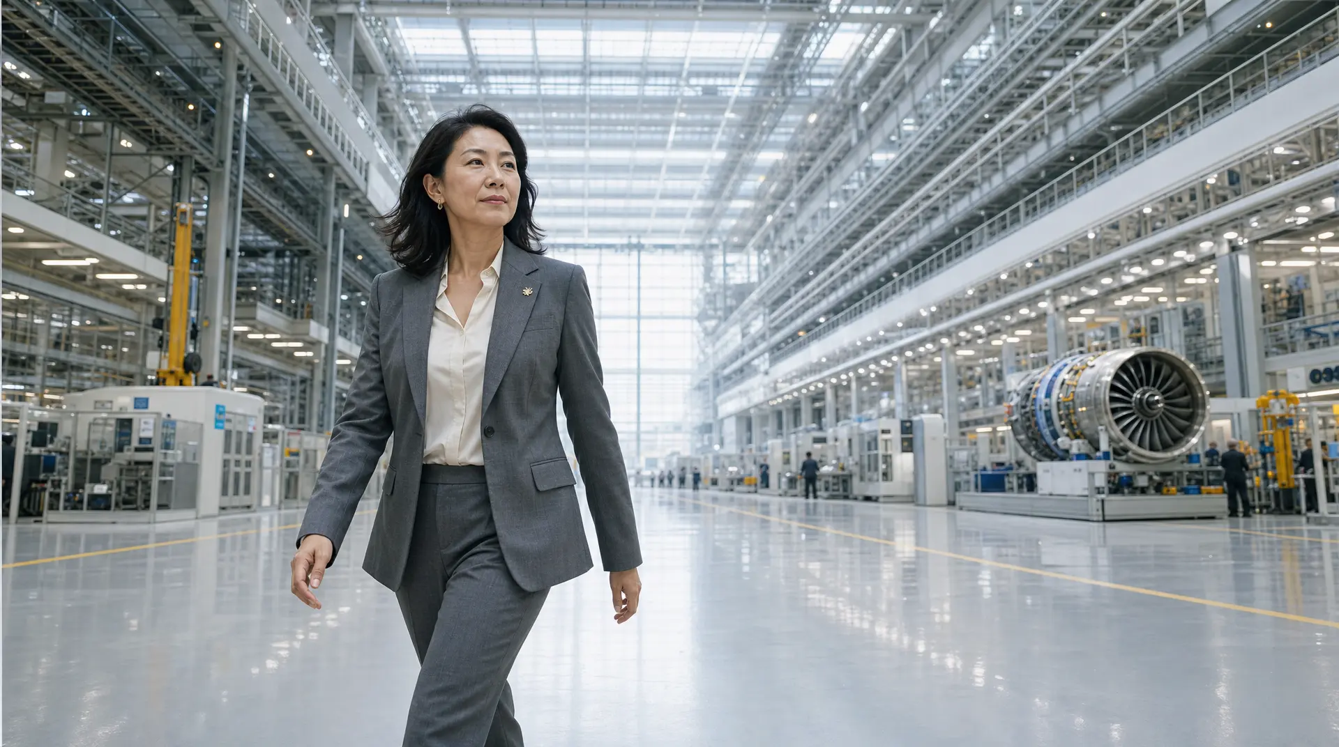 Business executive walking through a bright industrial facility with large machinery, reflecting digital transformation consulting.