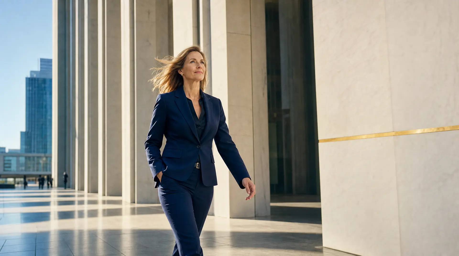 Business executive strides through a modern office colonnade, signaling AI governance and digital adoption trends.
