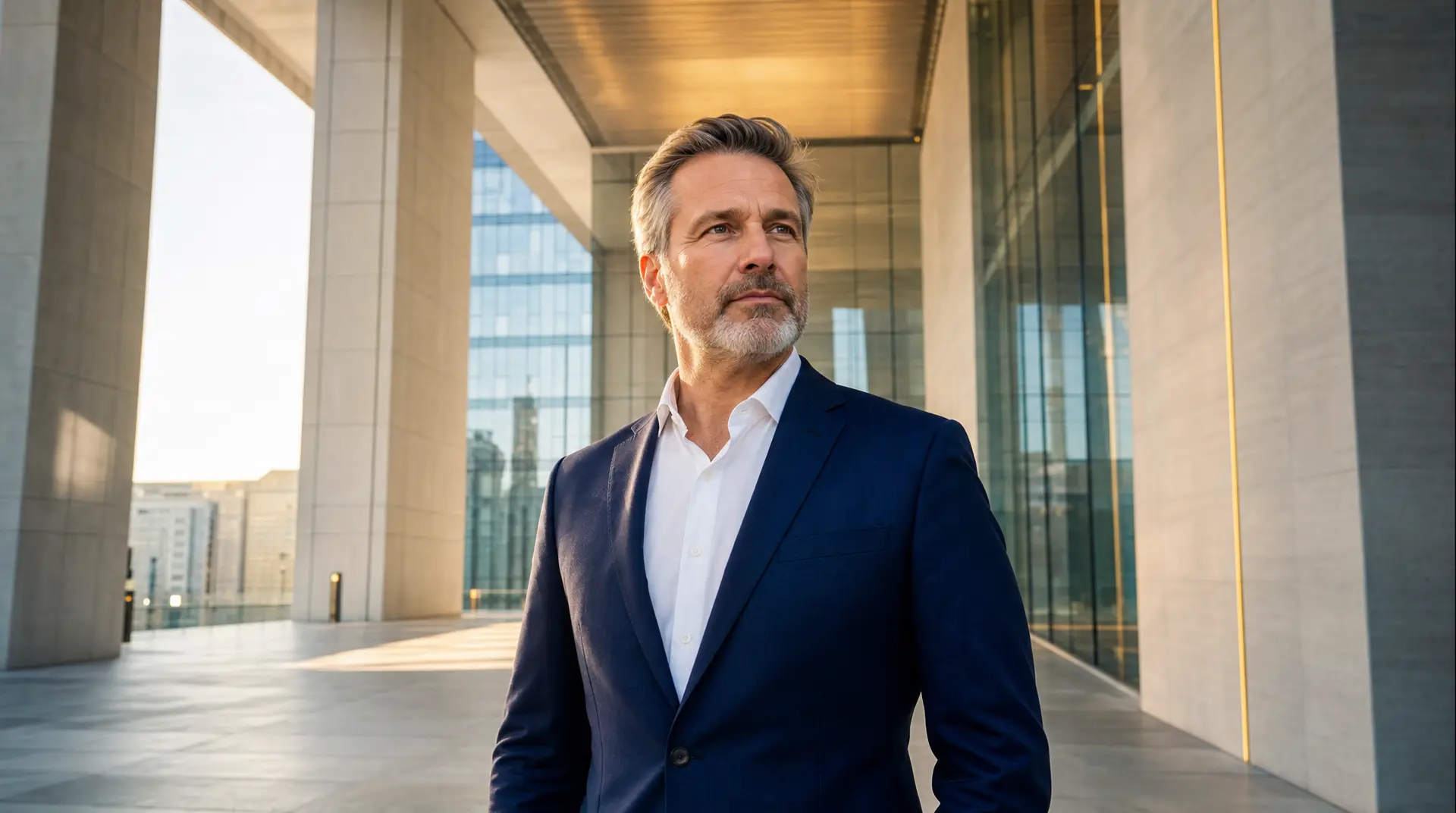 A senior executive in a suit stands in a modern office corridor, reflecting fractional cto vs full time cto decisions and digital transformation consulting.