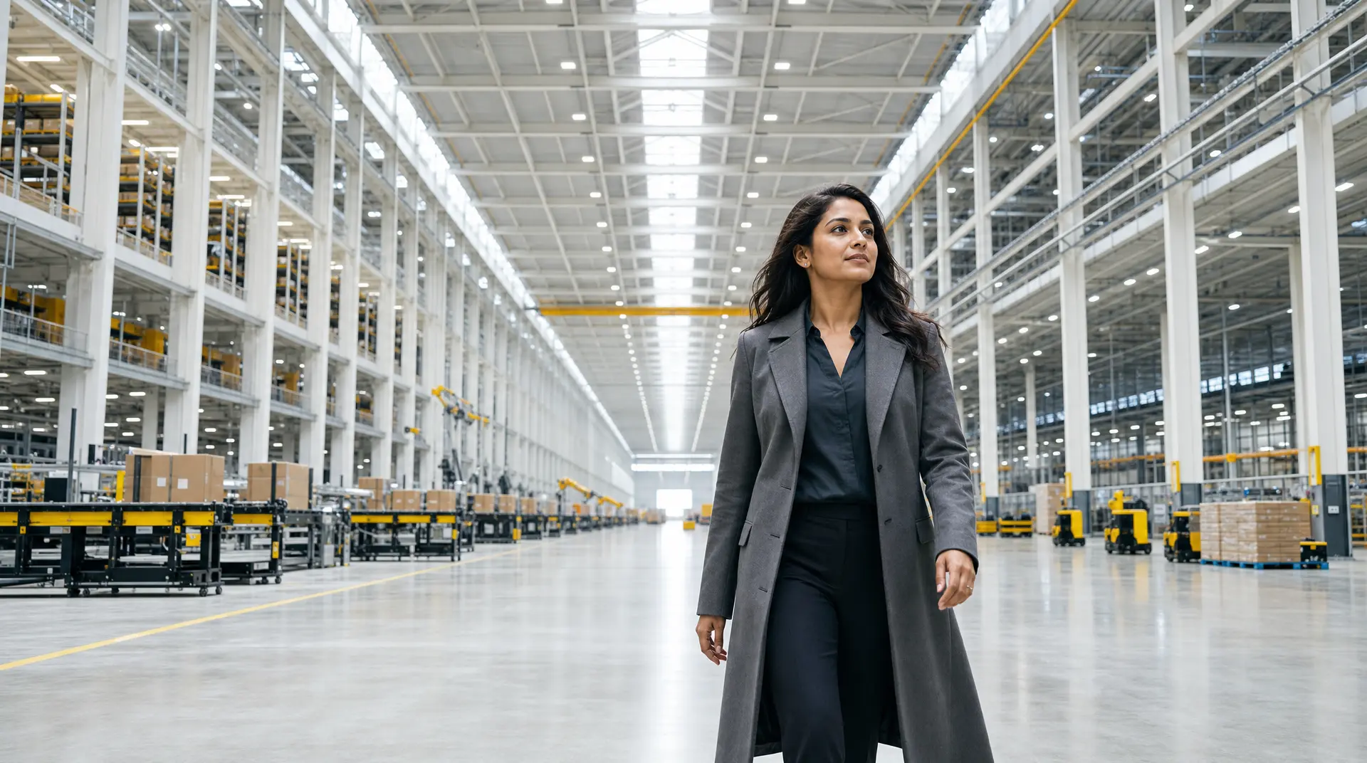 A business leader walks through a bright warehouse aisle with stacked pallets and forklifts, highlighting managed it services toronto readiness.