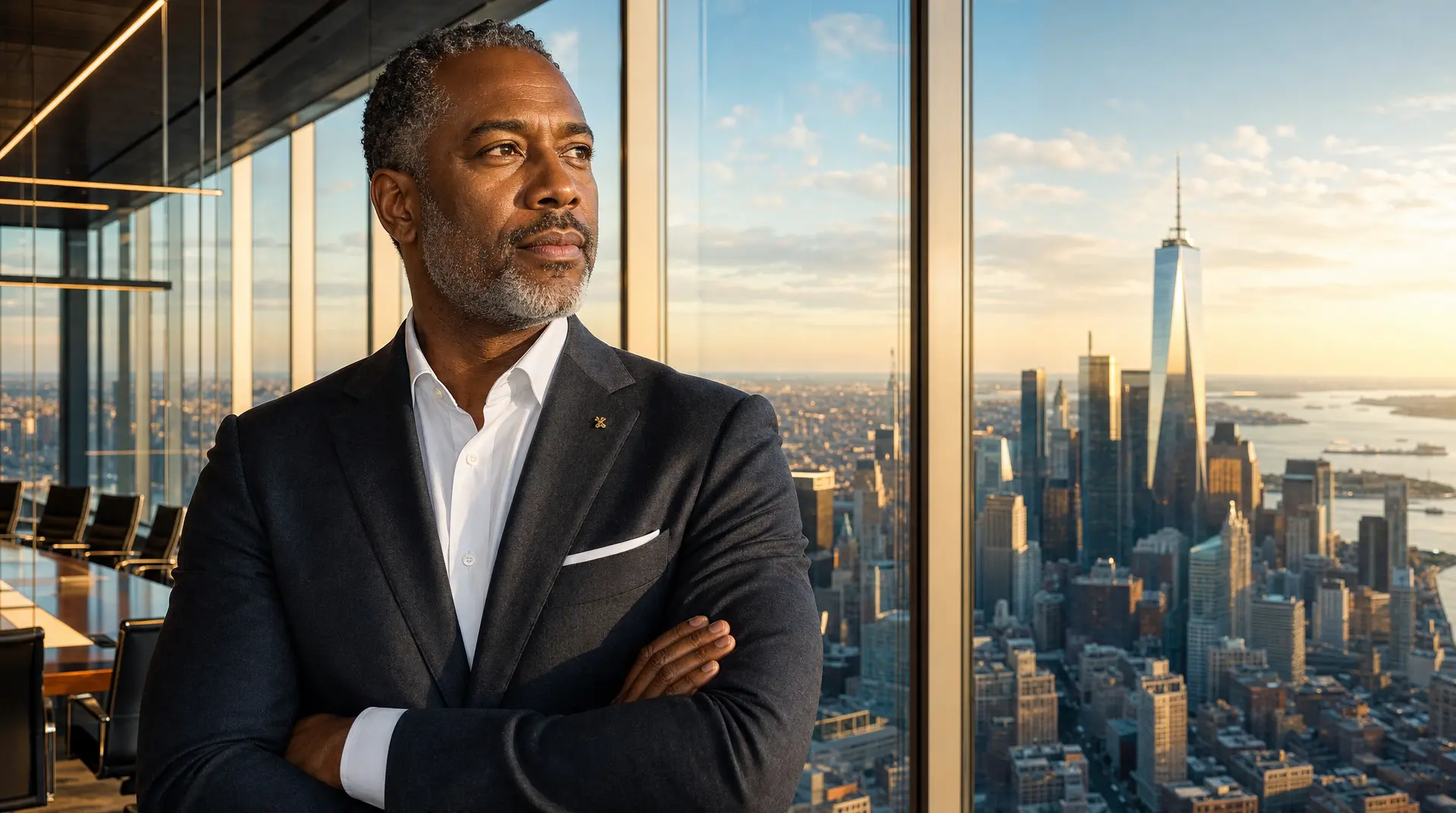 Business leader in a dark suit with arms crossed, framed by large office windows overlooking a city skyline at sunset, reflecting a technology investment roadmap.