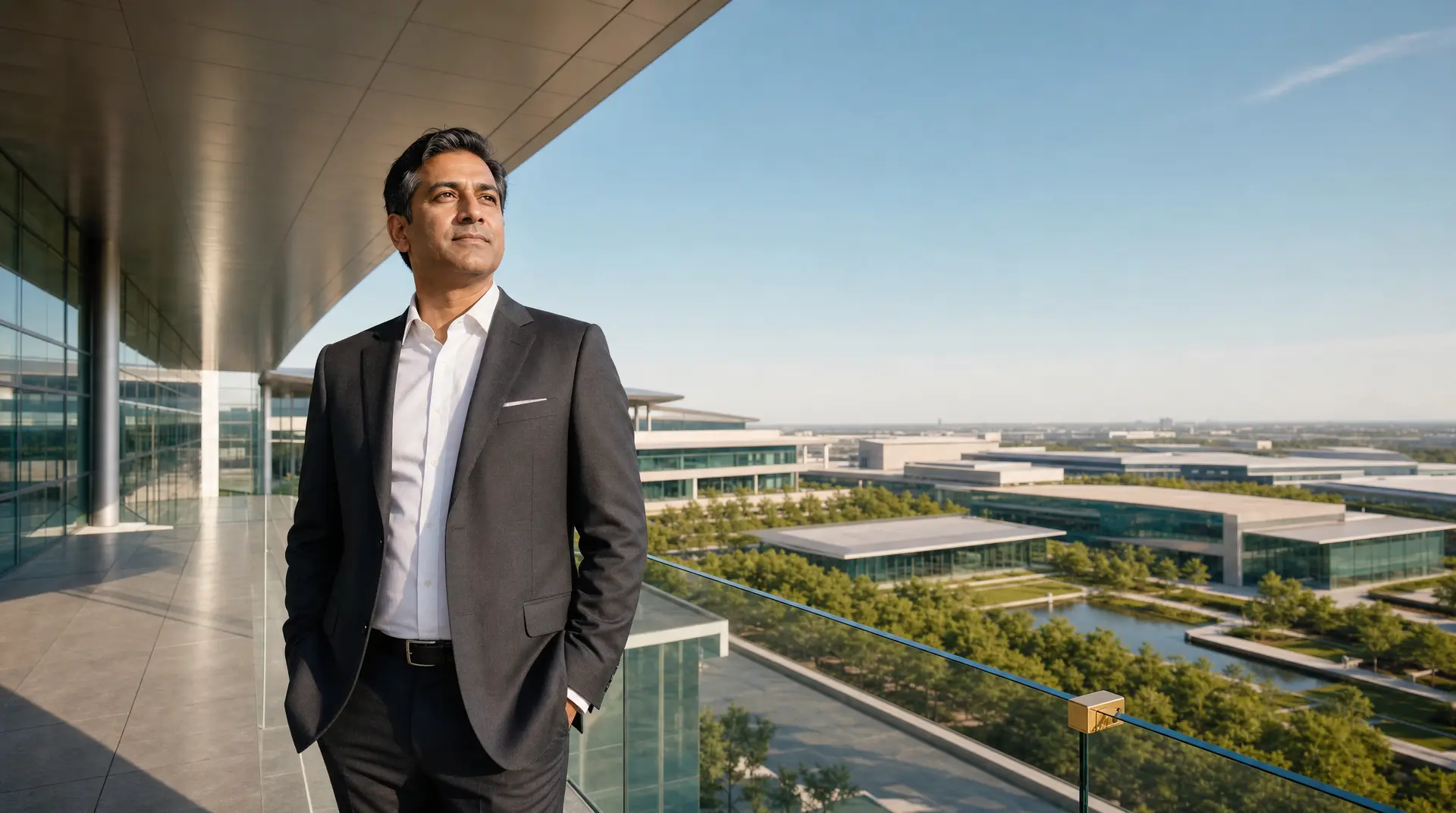 Executive stands on a balcony overlooking office buildings while reviewing it budget planning mid sized companies.
