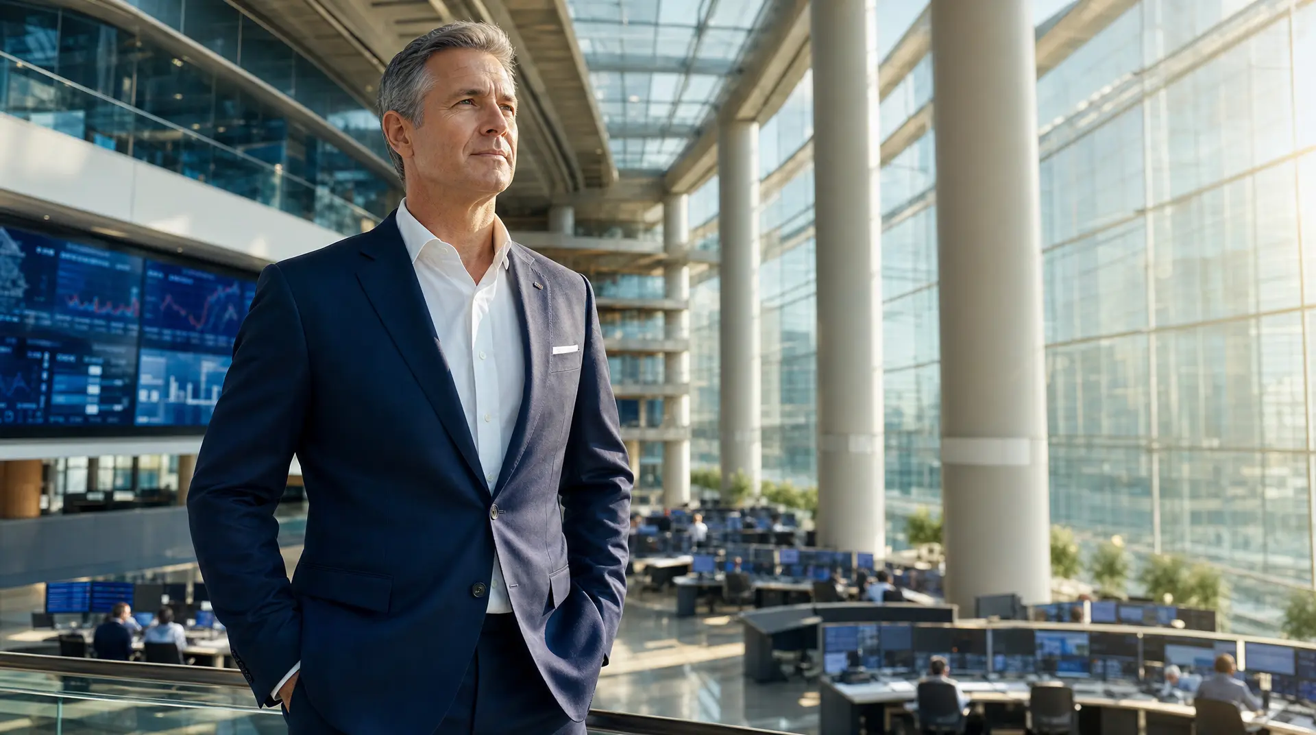Executive stands in a glass office overlooking screens of business dashboards, aligning an it roadmap for smarter change.