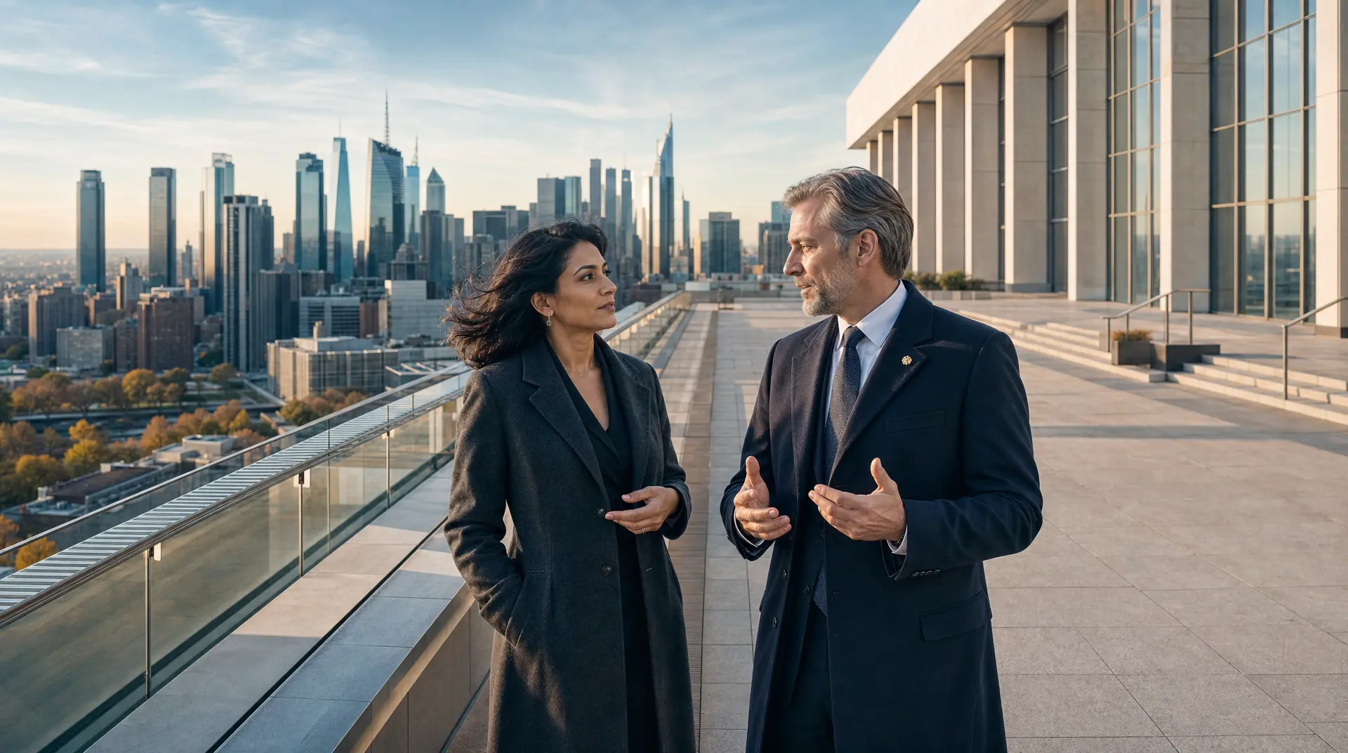 Two executives stand on a rooftop terrace overlooking a city skyline, discussing digital transformation consulting and a technology roadmap.