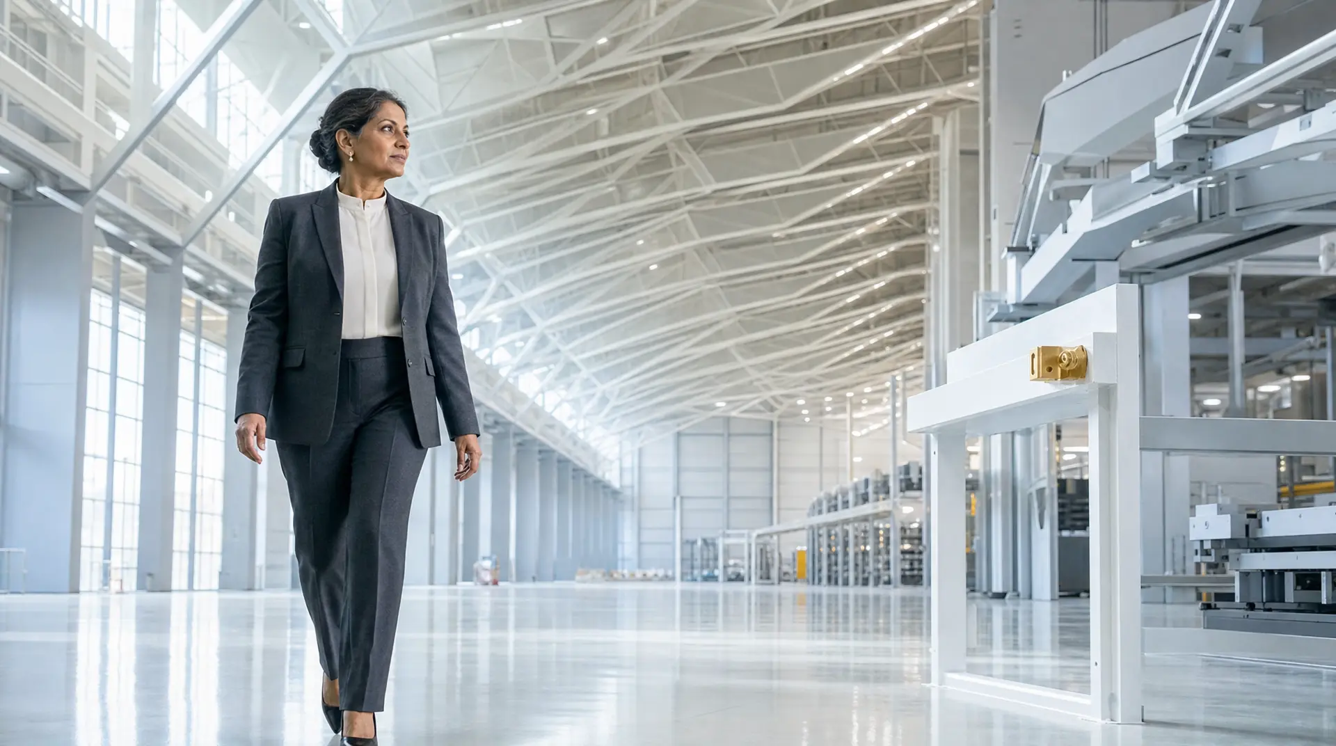 A business executive walks through a bright industrial facility, surveying automated equipment while planning a technology investment roadmap.