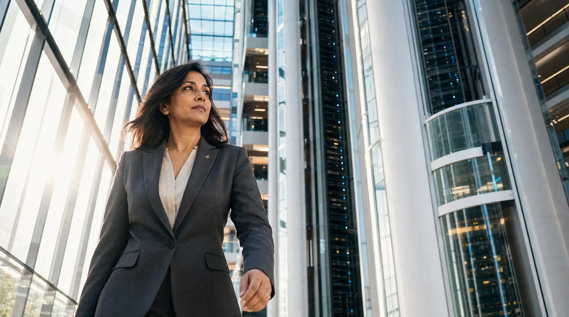 Business leader walking through a modern downtown office tower, signaling digital innovation and IT maturity model for mid market organizations.