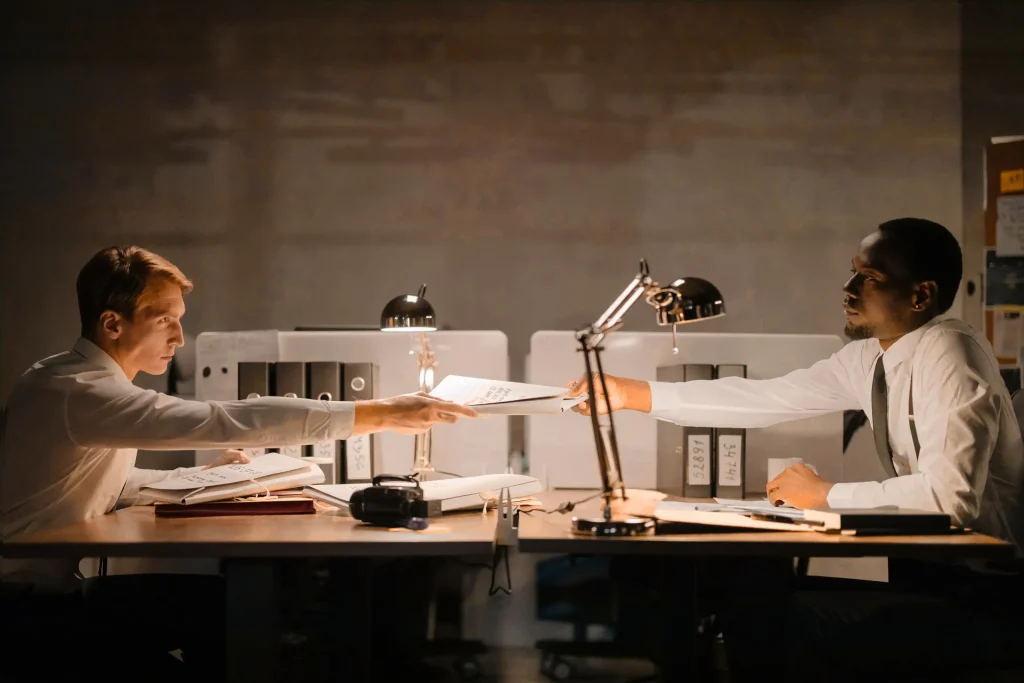Two consultants review documents and coordinate next steps at a desk while discussing digital transformation consulting in a workspace with monitors and office tools.