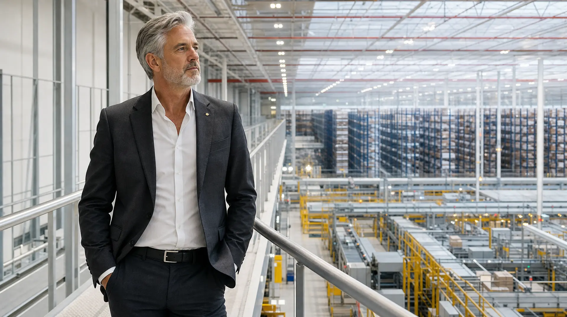 A senior business leader in a dark suit stands on a walkway inside a large data-center-like facility, preparing for digital transformation consulting.