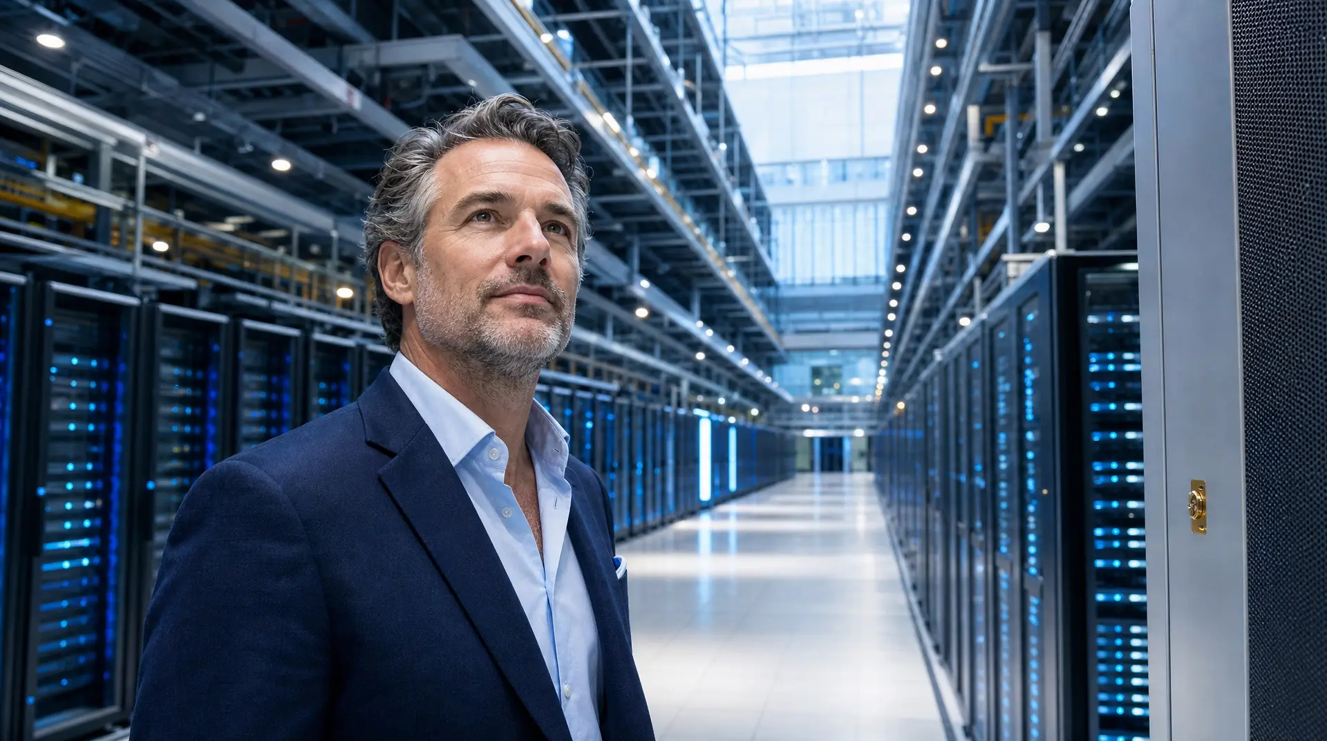 Senior executive in a suit stands before server racks in a bright data center corridor, reflecting it msp readiness for enterprise operations.