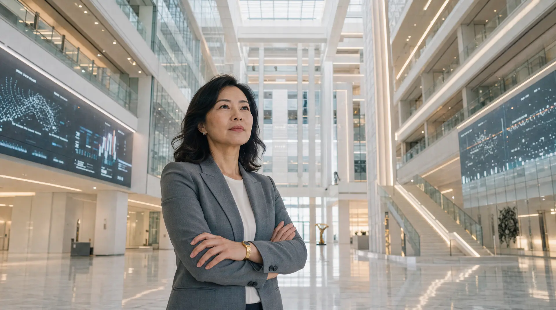 Business leader stands in a bright office atrium with analytics screens, representing digital transformation consulting and technology investment roadmap planning.