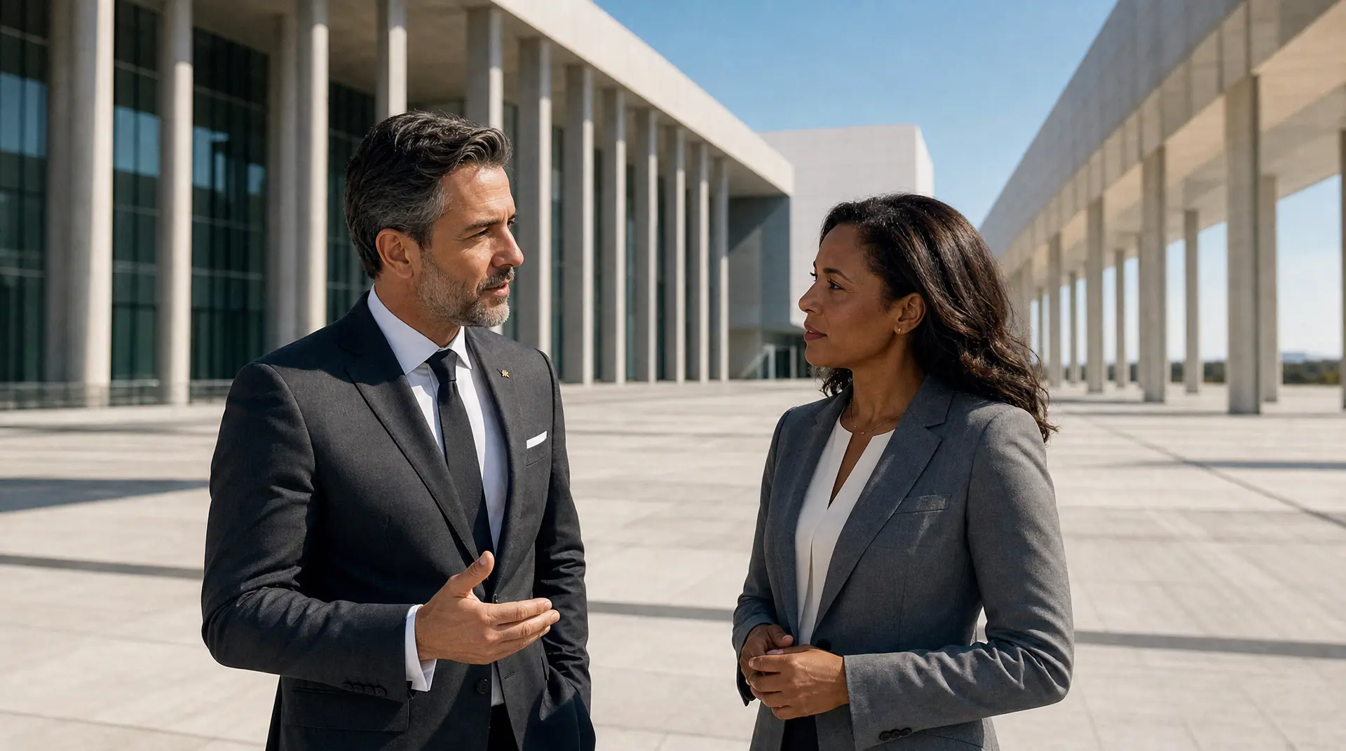 Two executives in suits discuss strategy in a modern corporate courtyard, reflecting digital adoption trends.