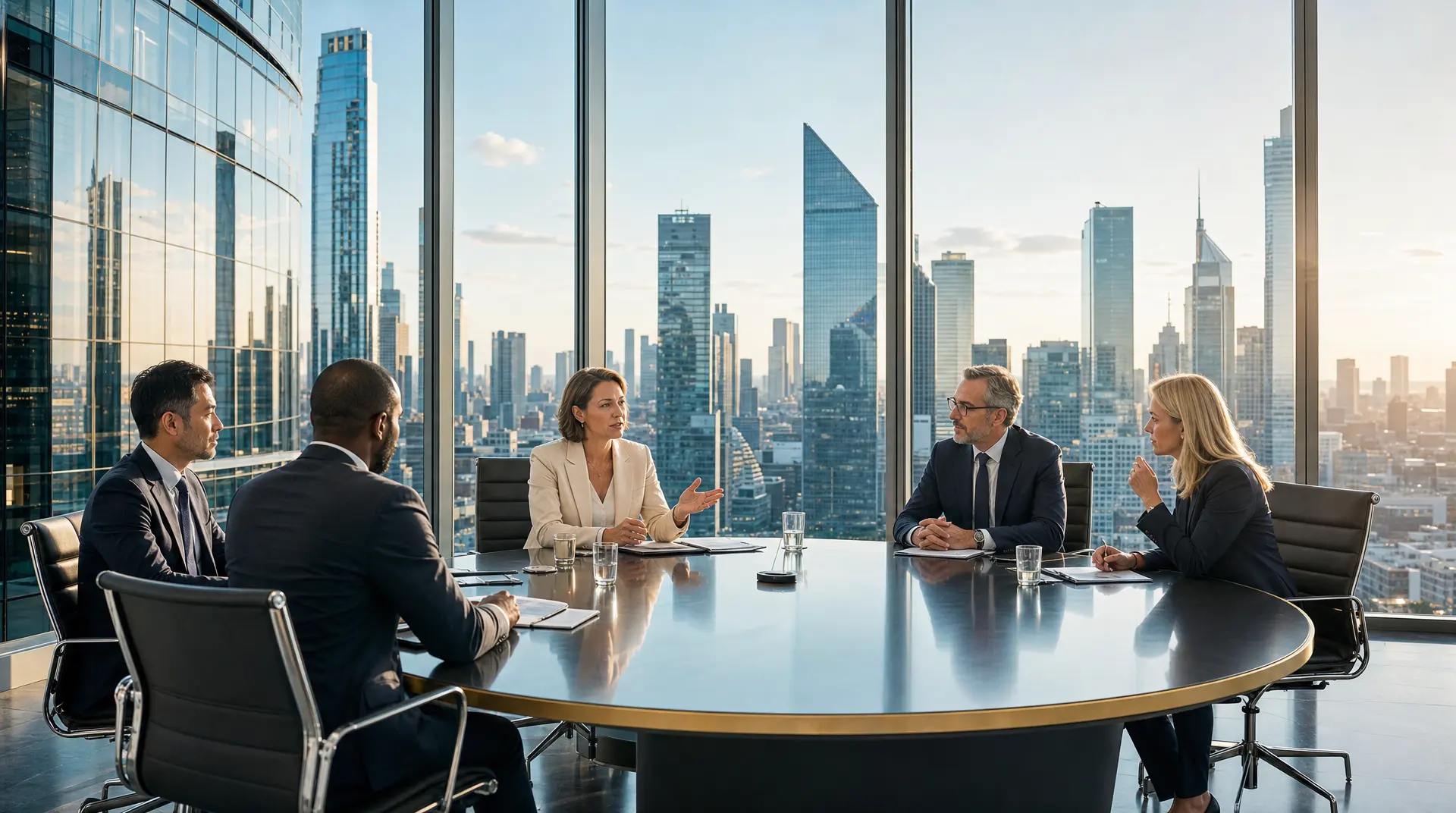 Executives seated in a glass boardroom review a technology roadmap while planning it budget planning mid sized companies.