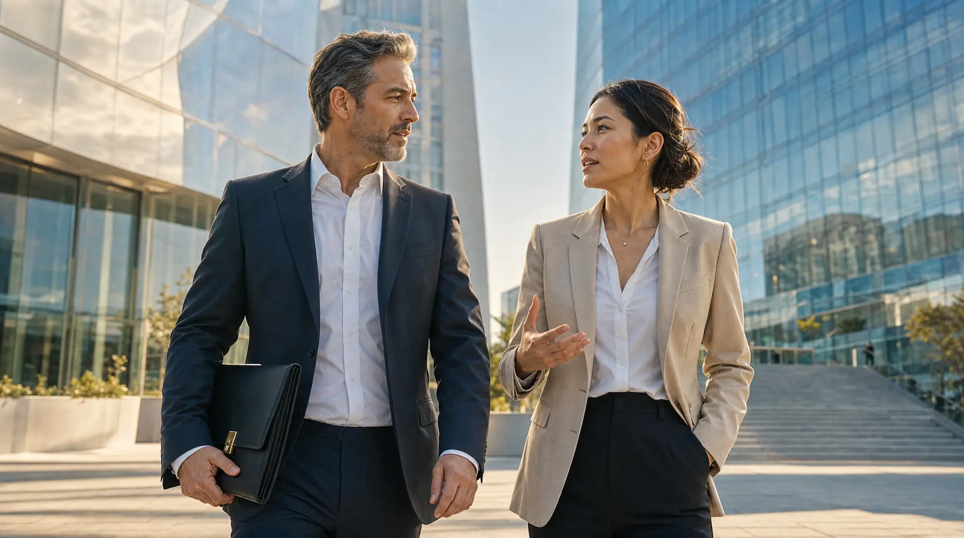 Business professionals walk past glass office towers, discussing digital transformation consulting in a modern city setting.
