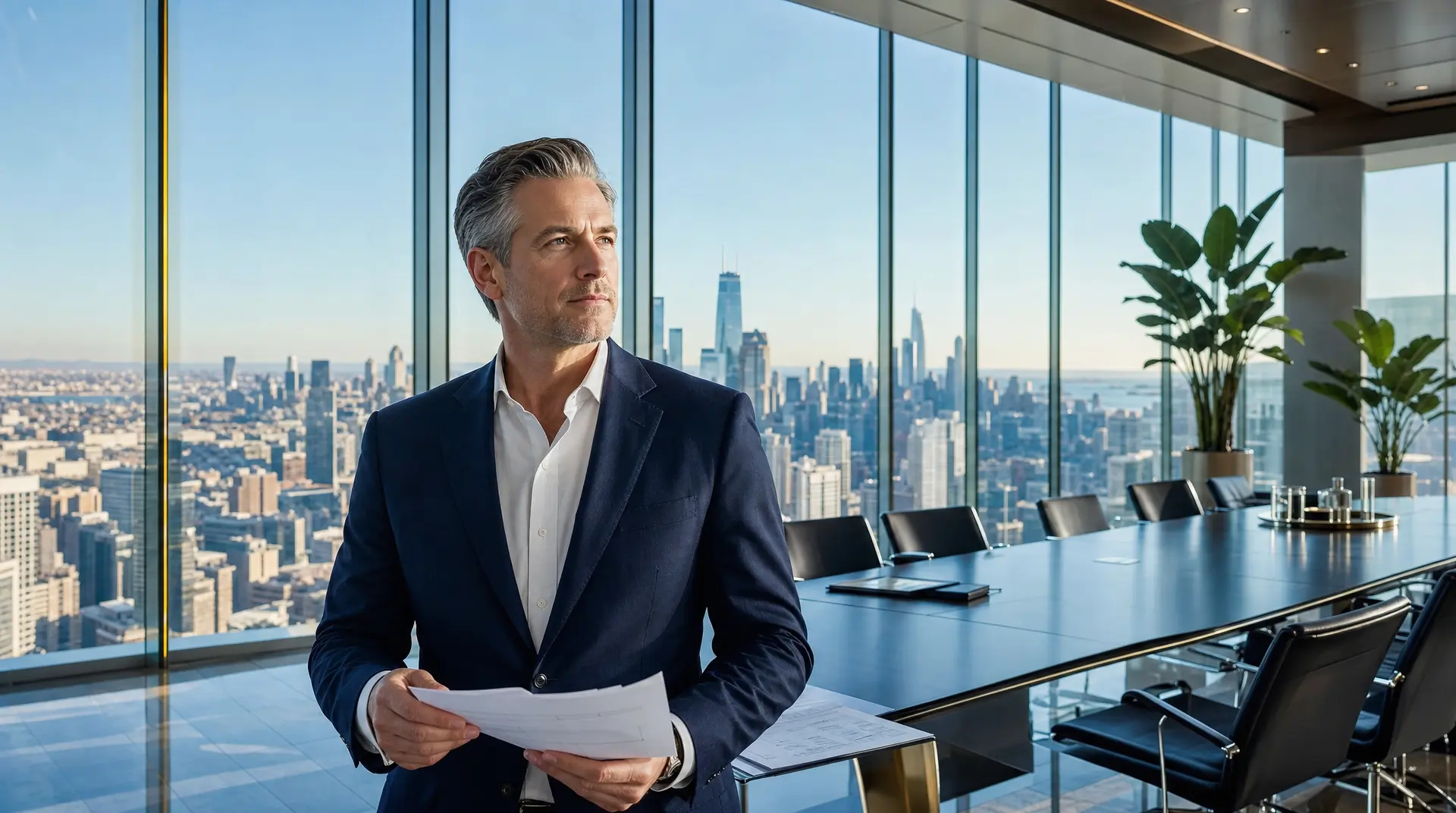 A business professional in a navy suit holds printed documents in a glass-walled executive office overlooking a city skyline, representing fractional cto leadership for mid-market technology planning.