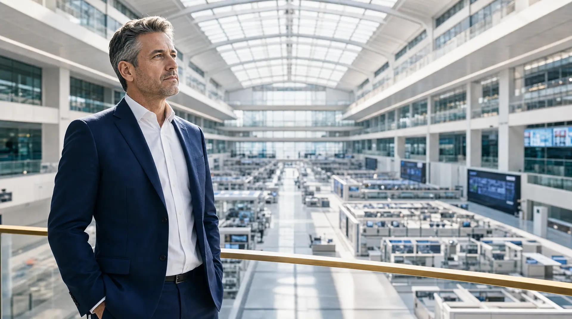 Business leader in a bright facility overlooks server operations, supporting it budget planning mid sized companies.