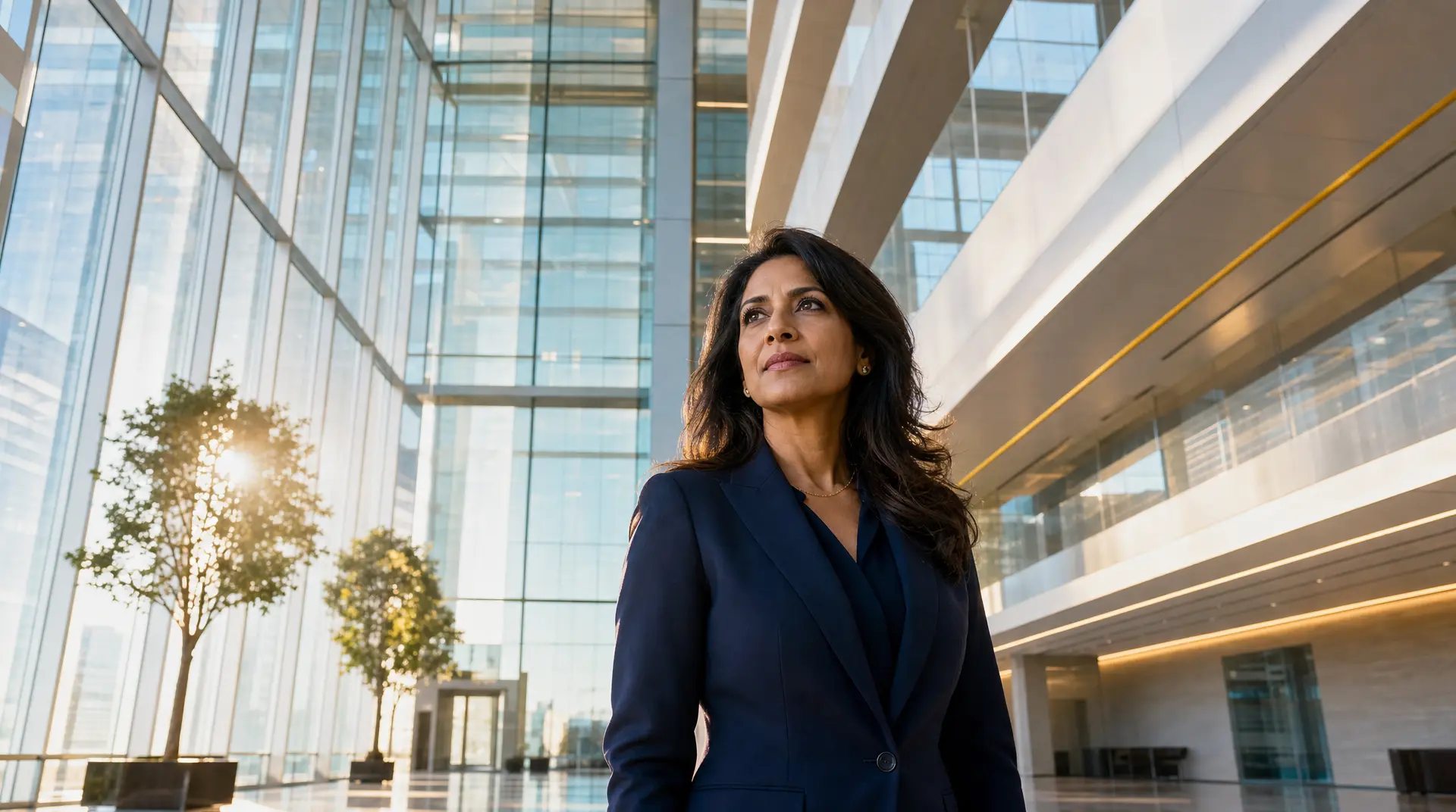 A business leader stands in a bright glass atrium, looking upward with confidence and digital adoption trends in mind.