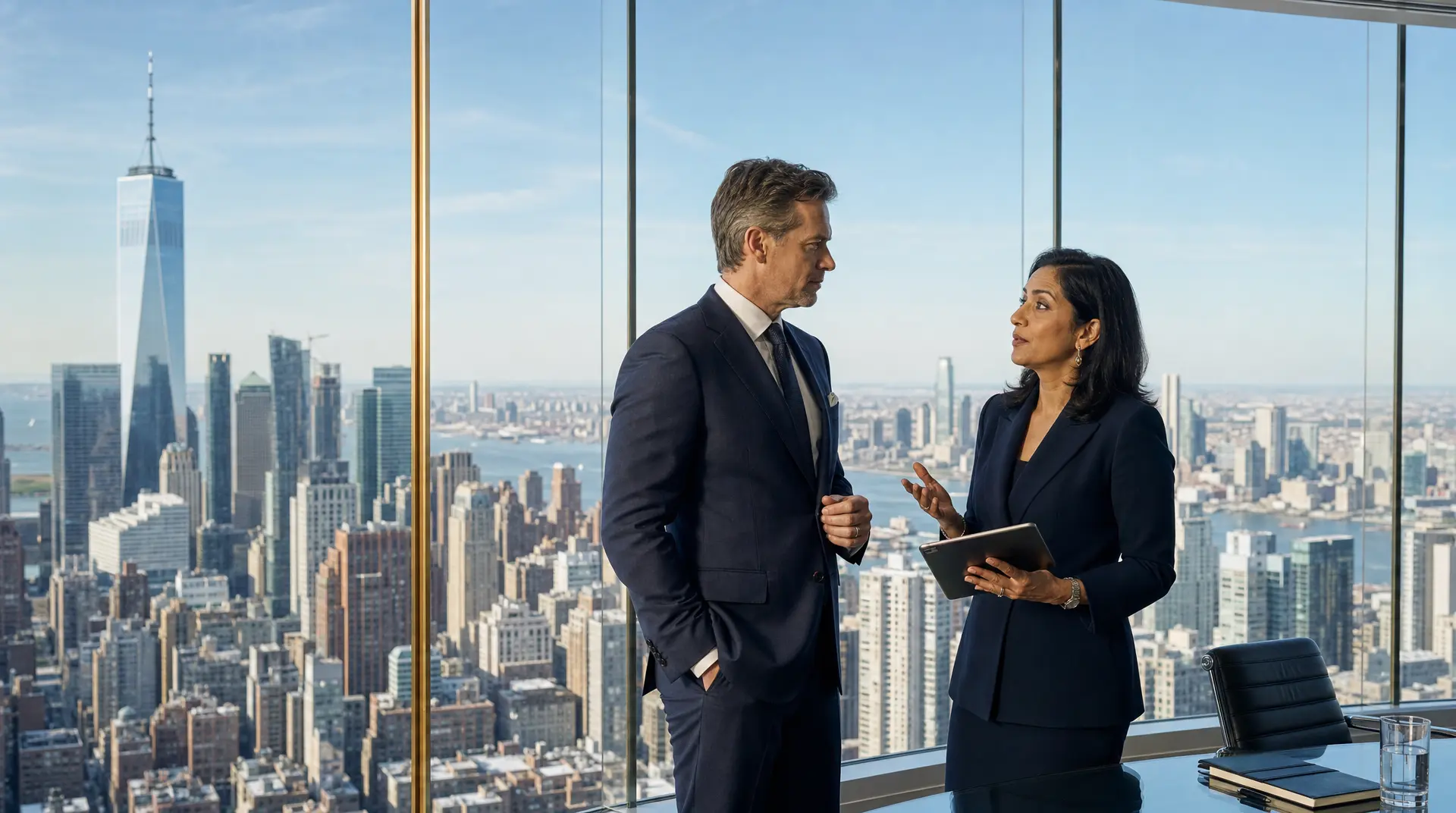 Two executives in suits discuss strategy with tablets inside a high-rise office, reflecting digital transformation consulting.
