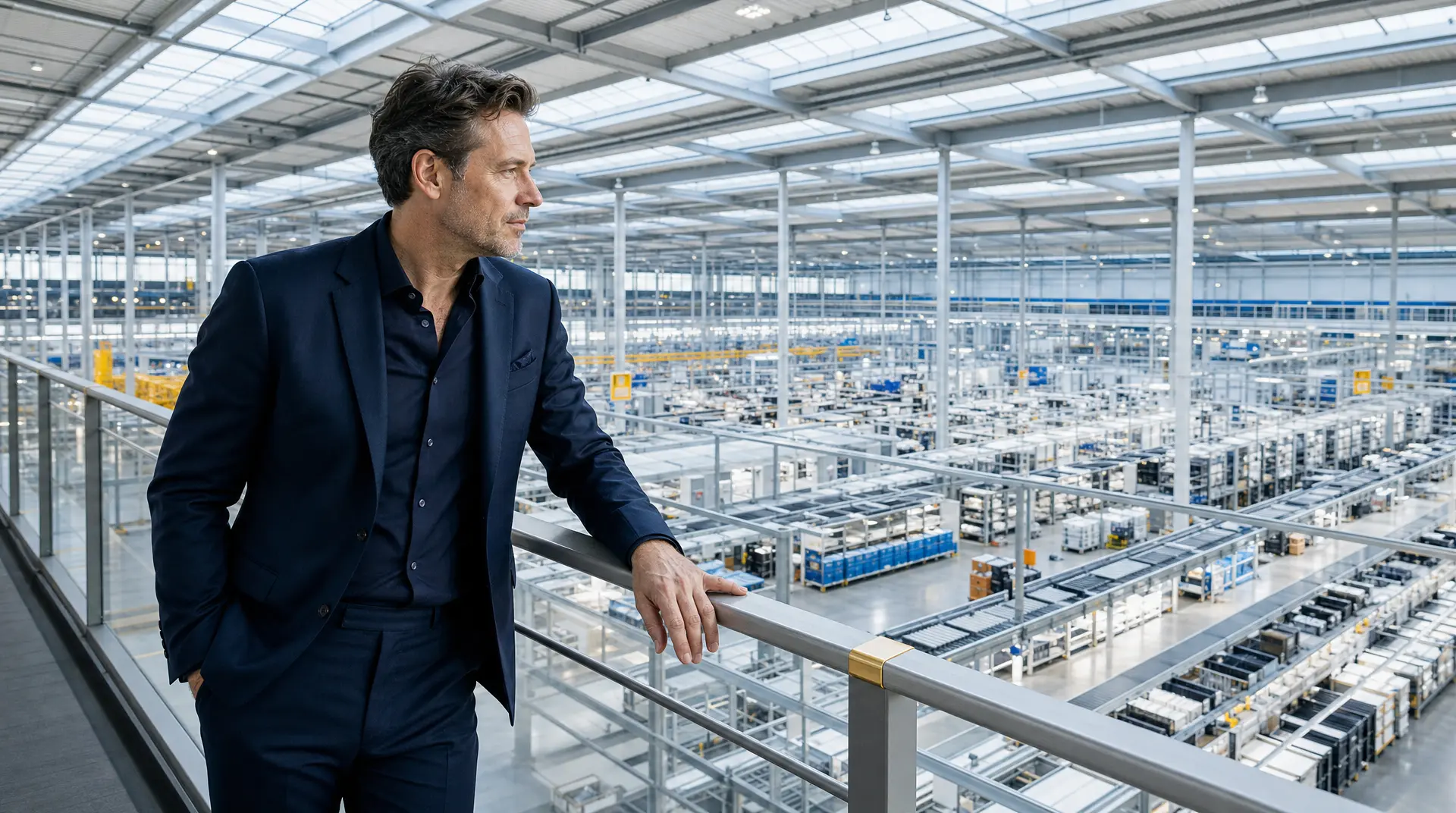 An executive walks along a viewing platform inside a large industrial facility, overseeing systems with msp support for uptime and control.