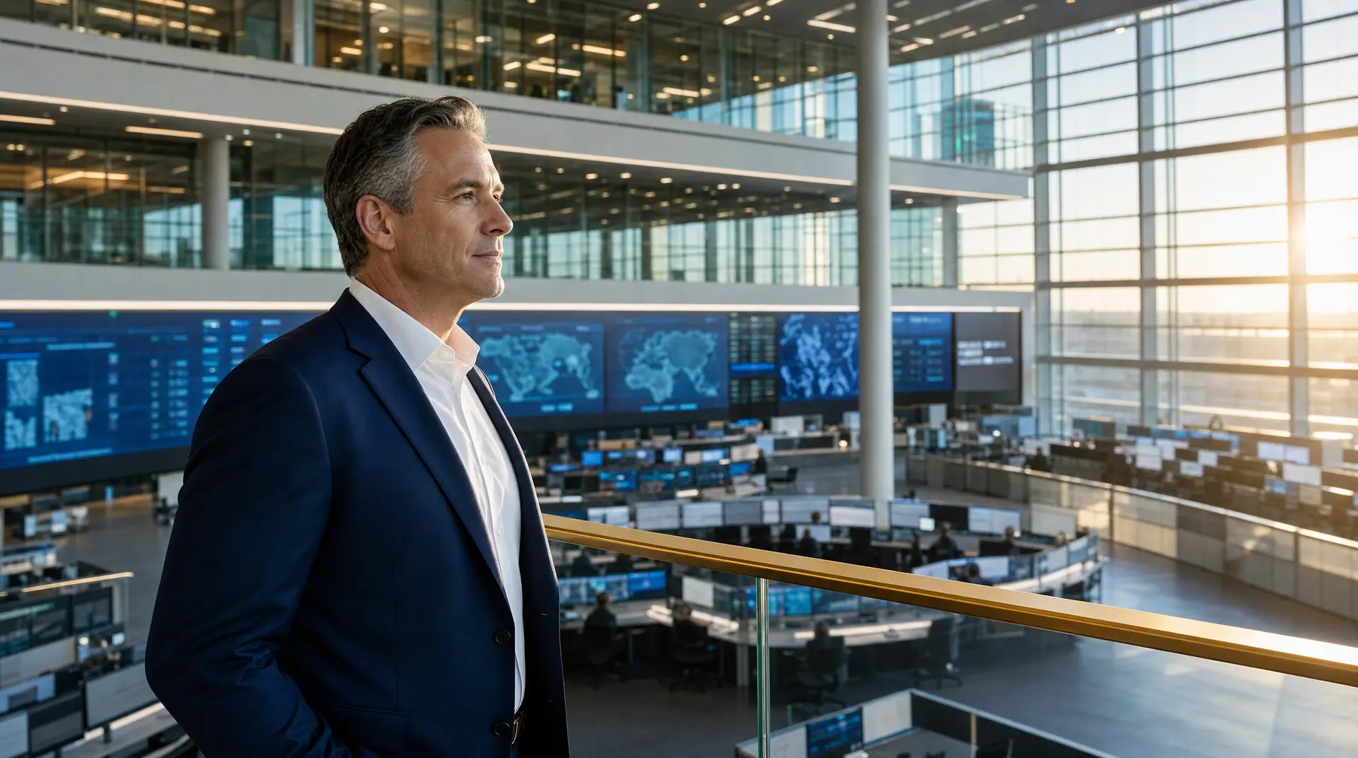 Business leader in a suit looks over a control-room view of blue technology dashboards, tracking financial kpis every cio should track