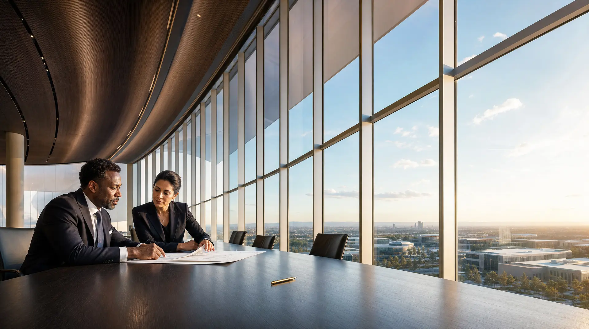 Two executives review documents at a glass office table overlooking the city, aligning it budget planning mid sized companies.